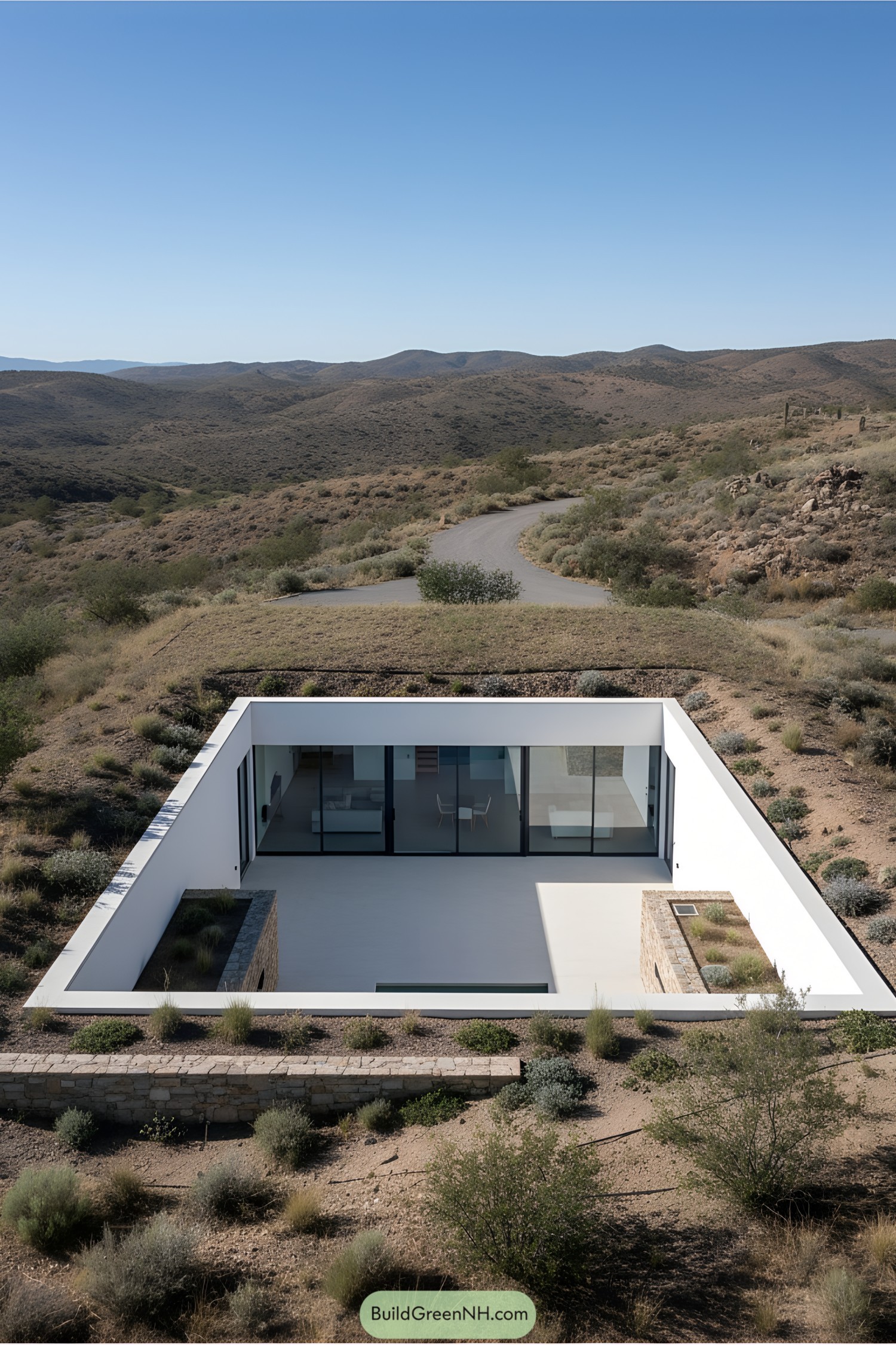 Underground house with sleek, modern design in a desert landscape