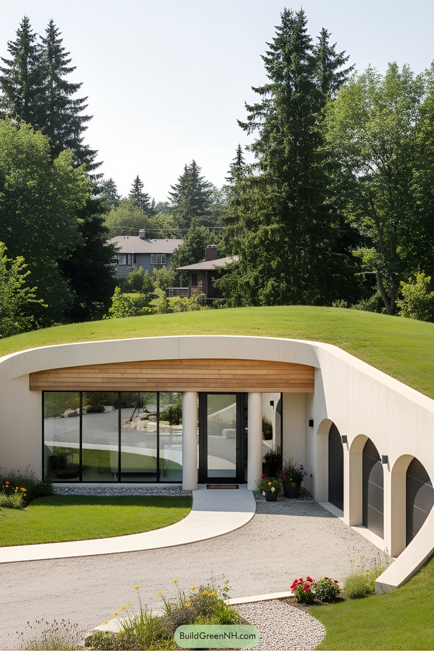 Underground house with a grassy roof and arched design