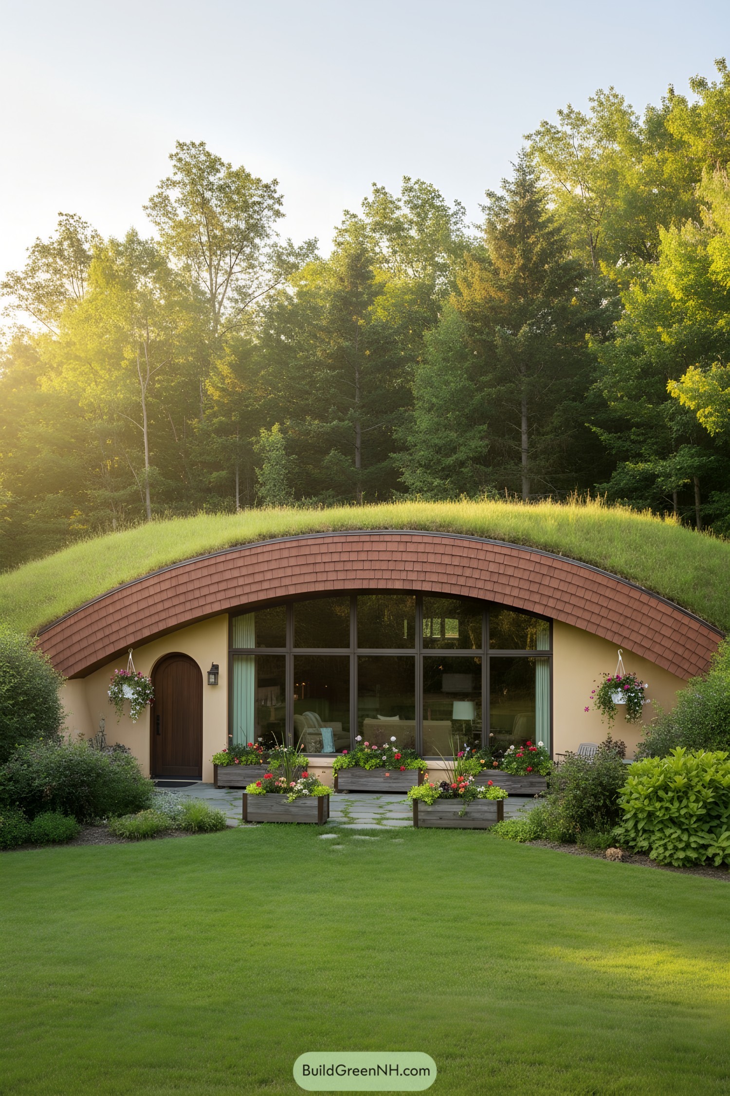 Grass-roofed house nestled in a forest