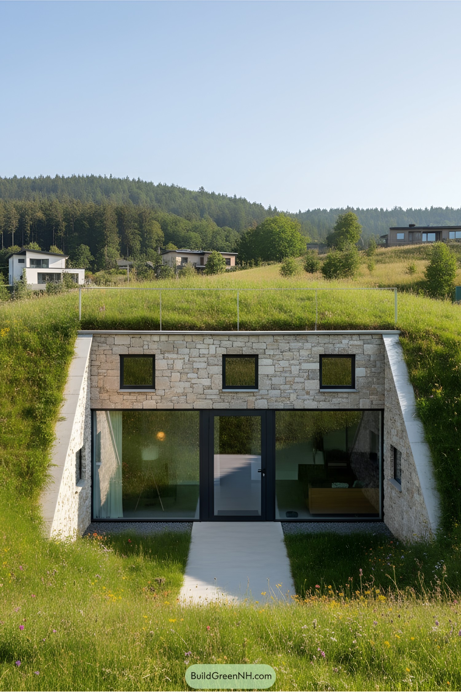 Earth-sheltered home with grassy roof and modern facade