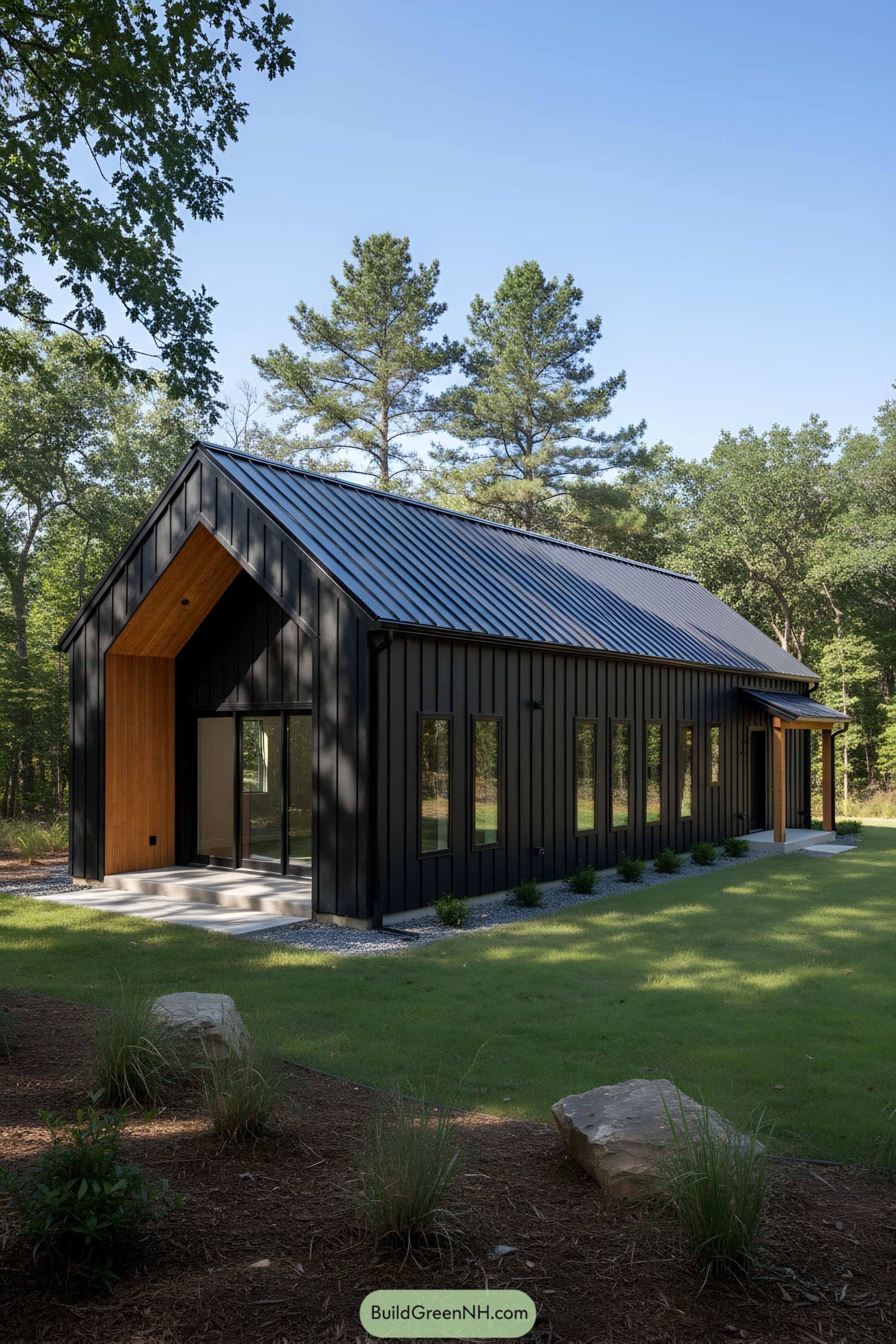 Black metal-clad gable home with cedar accents
