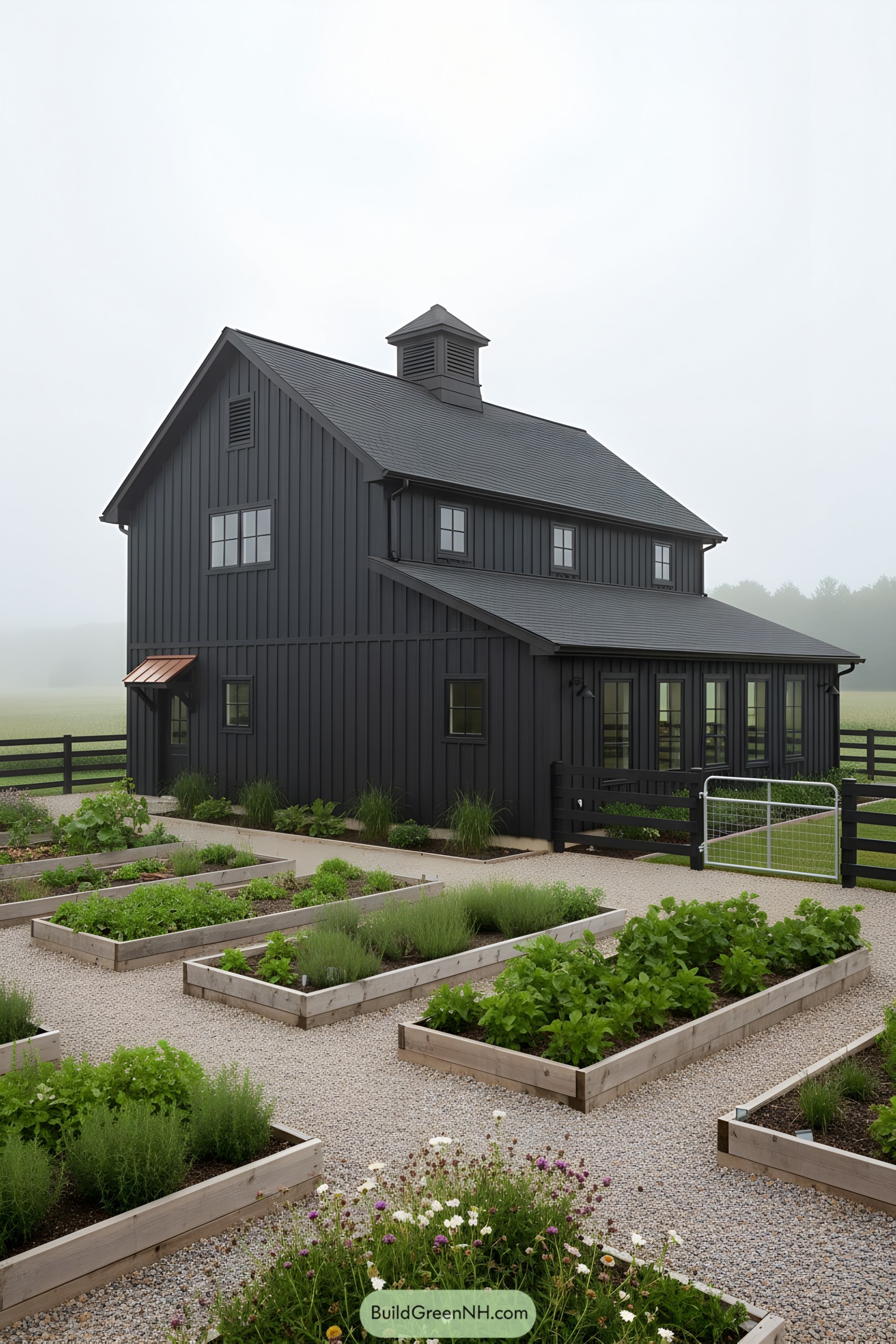 Matte black barn beside raised garden beds on a misty morning
