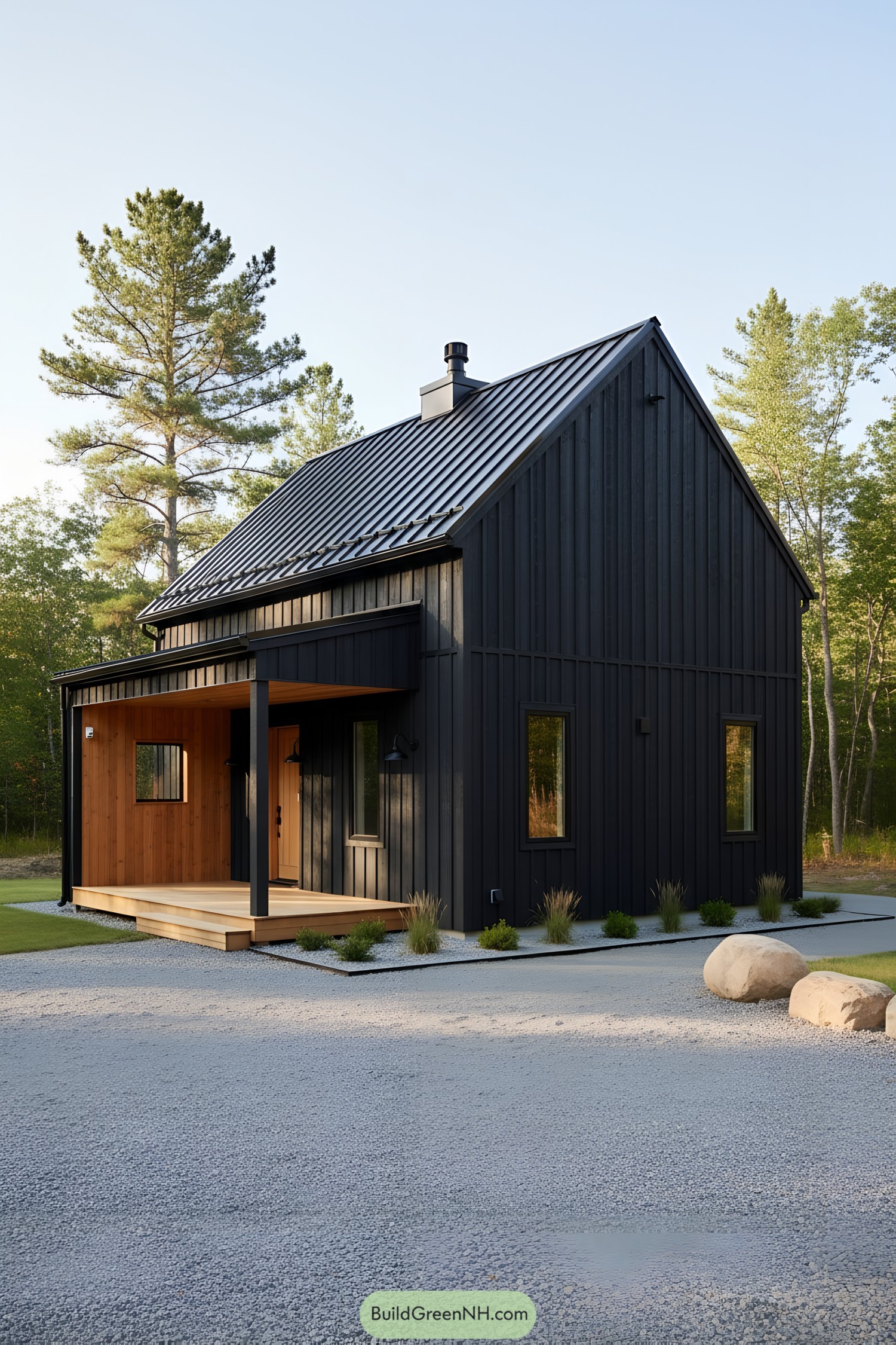 Black vertical-clad barn house with cedar porch and metal gable roof