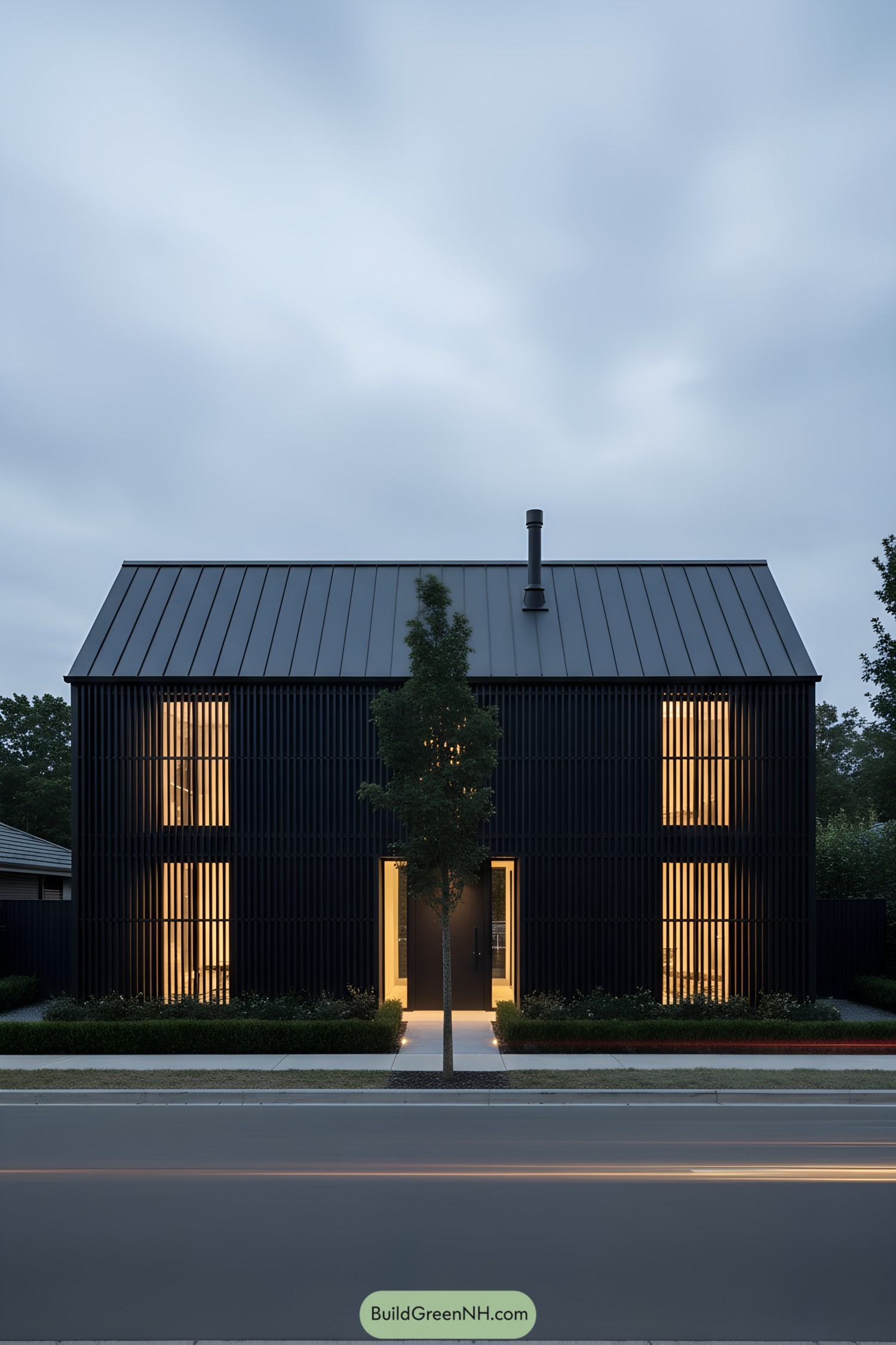 Black barn with vertical slatted windows glowing