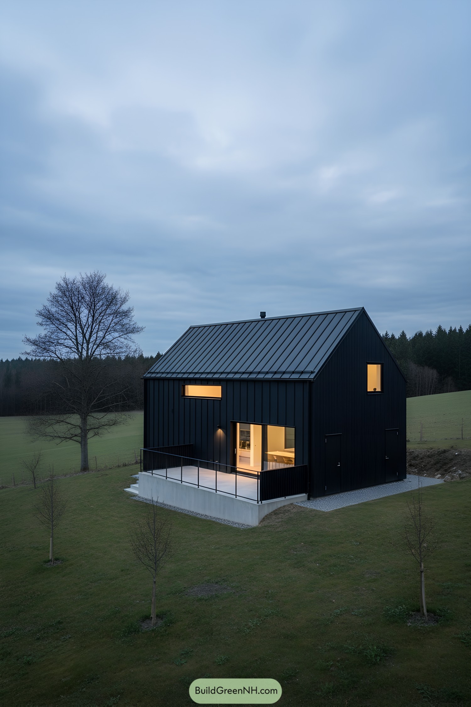 Black metal-clad barn with terrace and warm windows at dusk