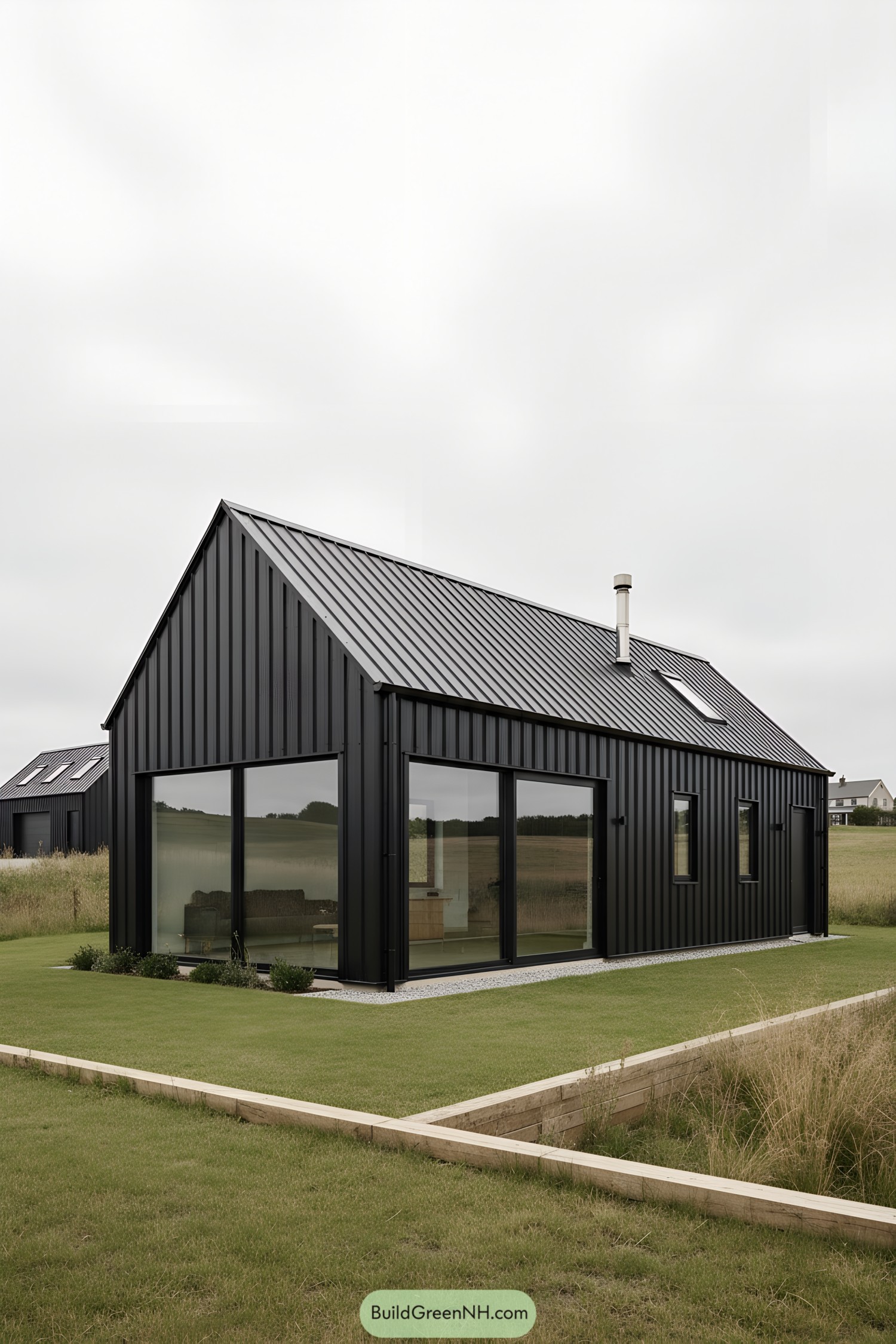 Black metal gabled barn with broad sliding glass walls on a grassy plot