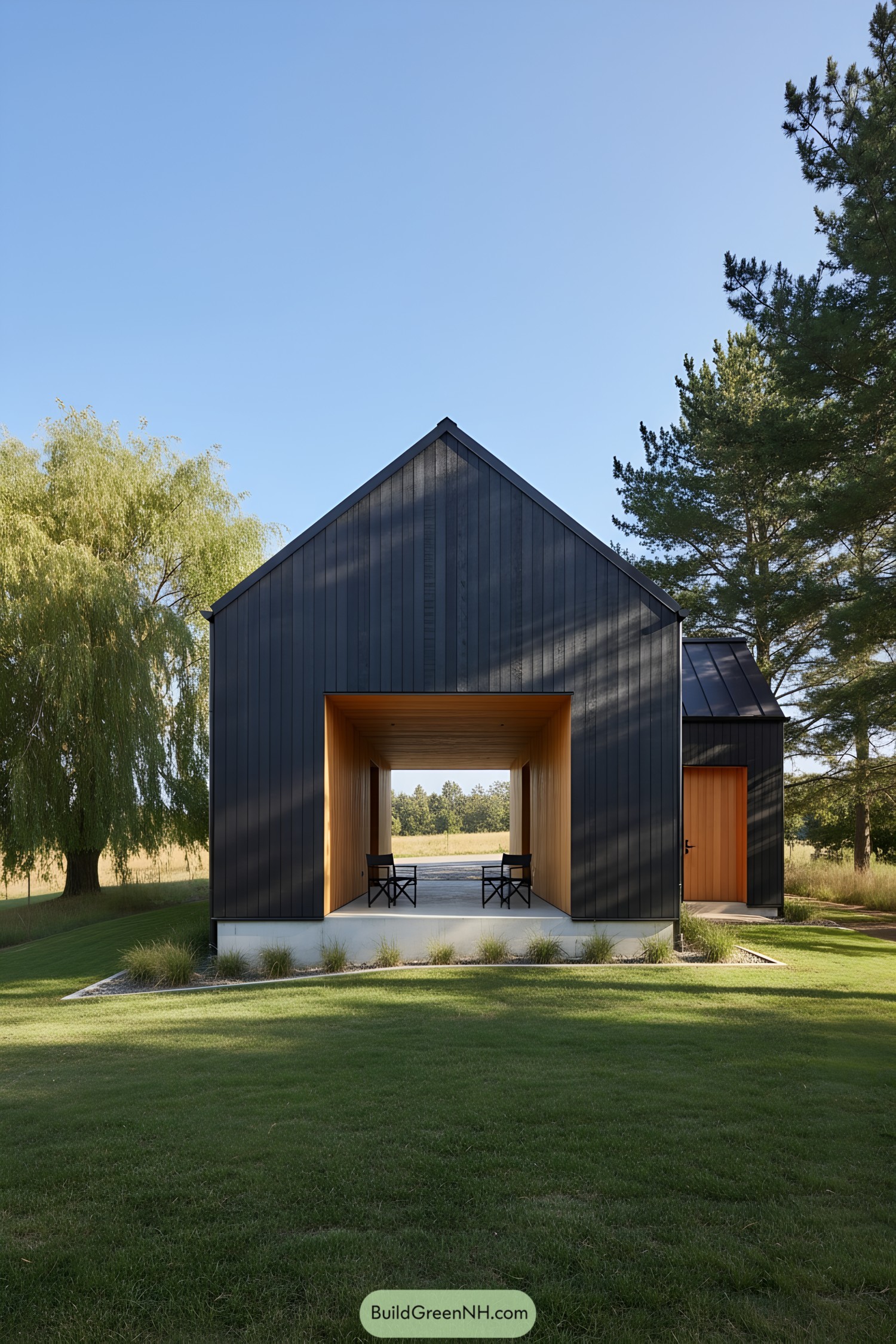 Black gabled barn with warm timber breezeway