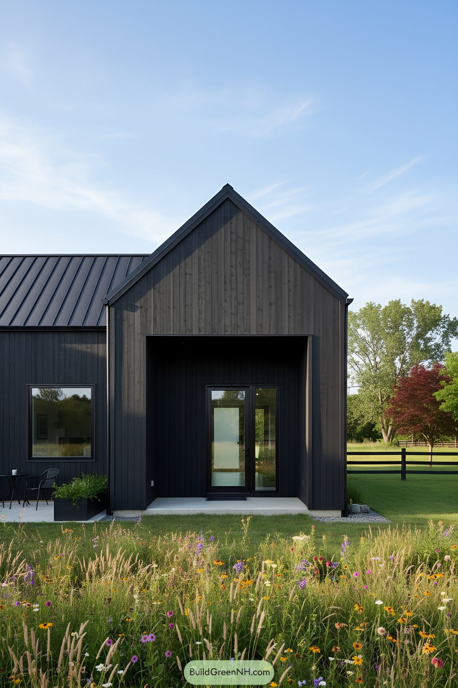 Black barn house with gabled entry facing wildflower meadow
