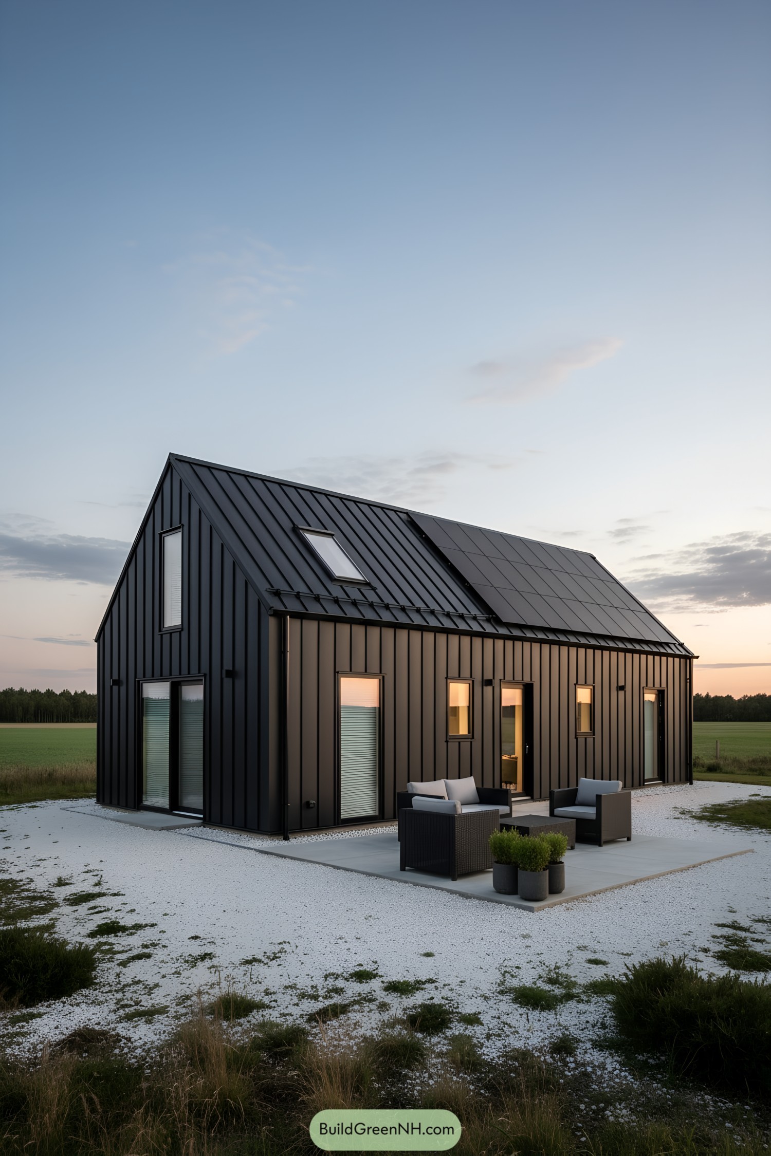 Black metal gabled barn with solar panels and patio seating at dusk