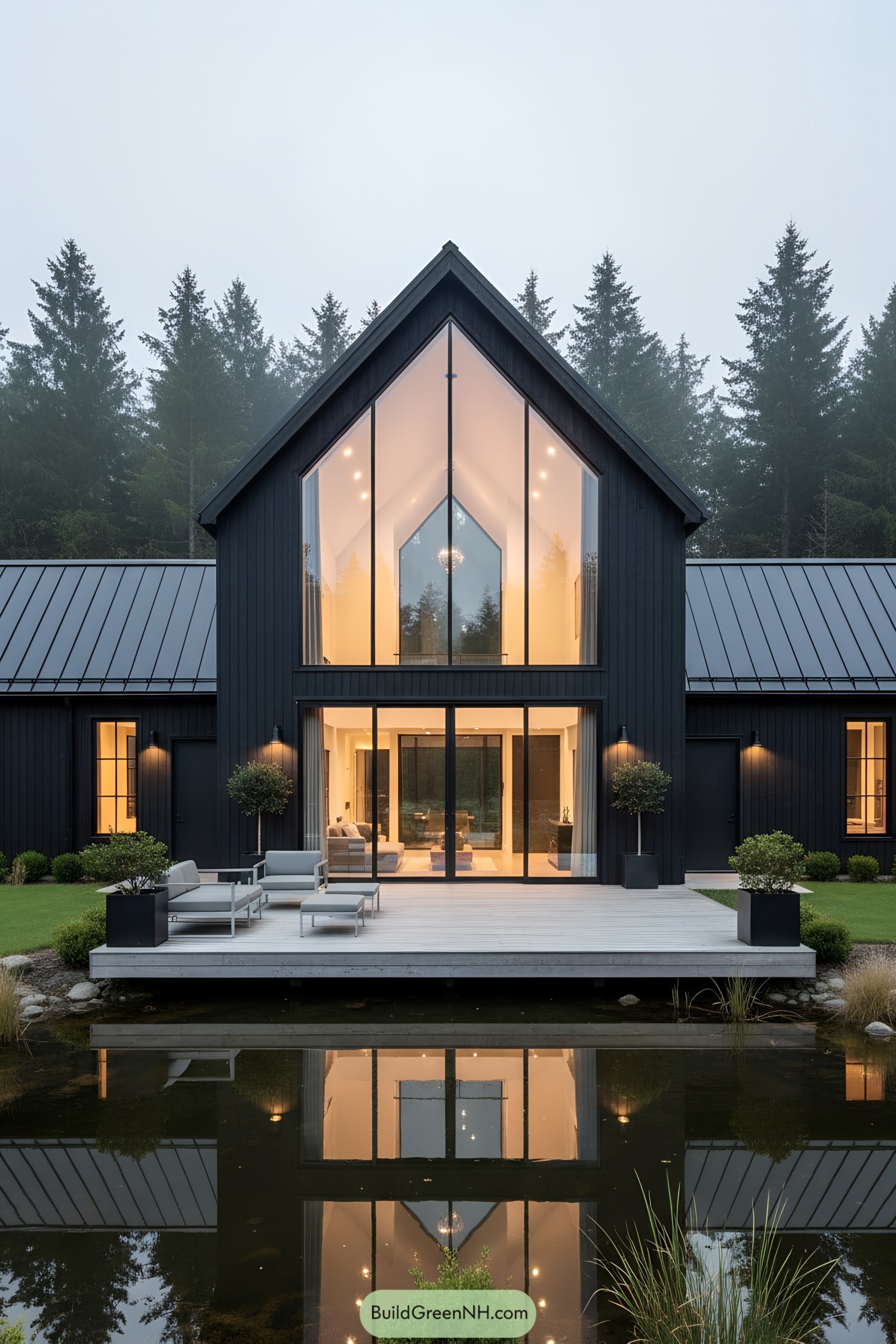 Black gabled barn with full-height glazing