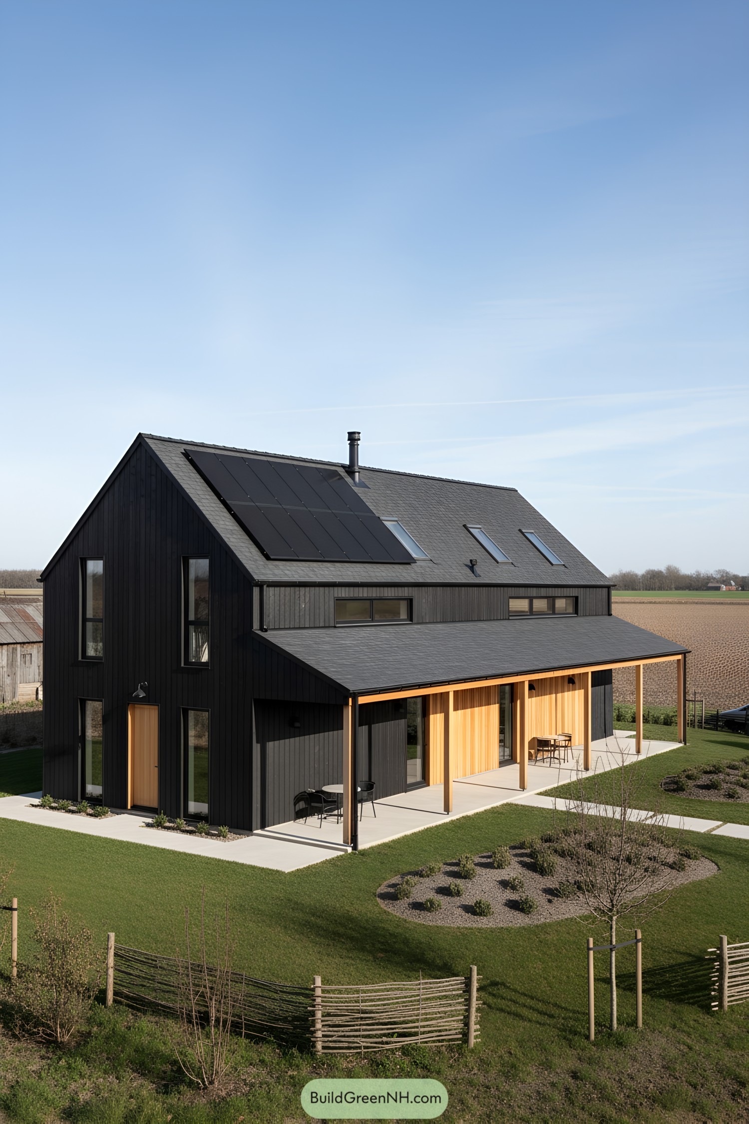 Black gabled barn house with solar panels and a warm wood porch