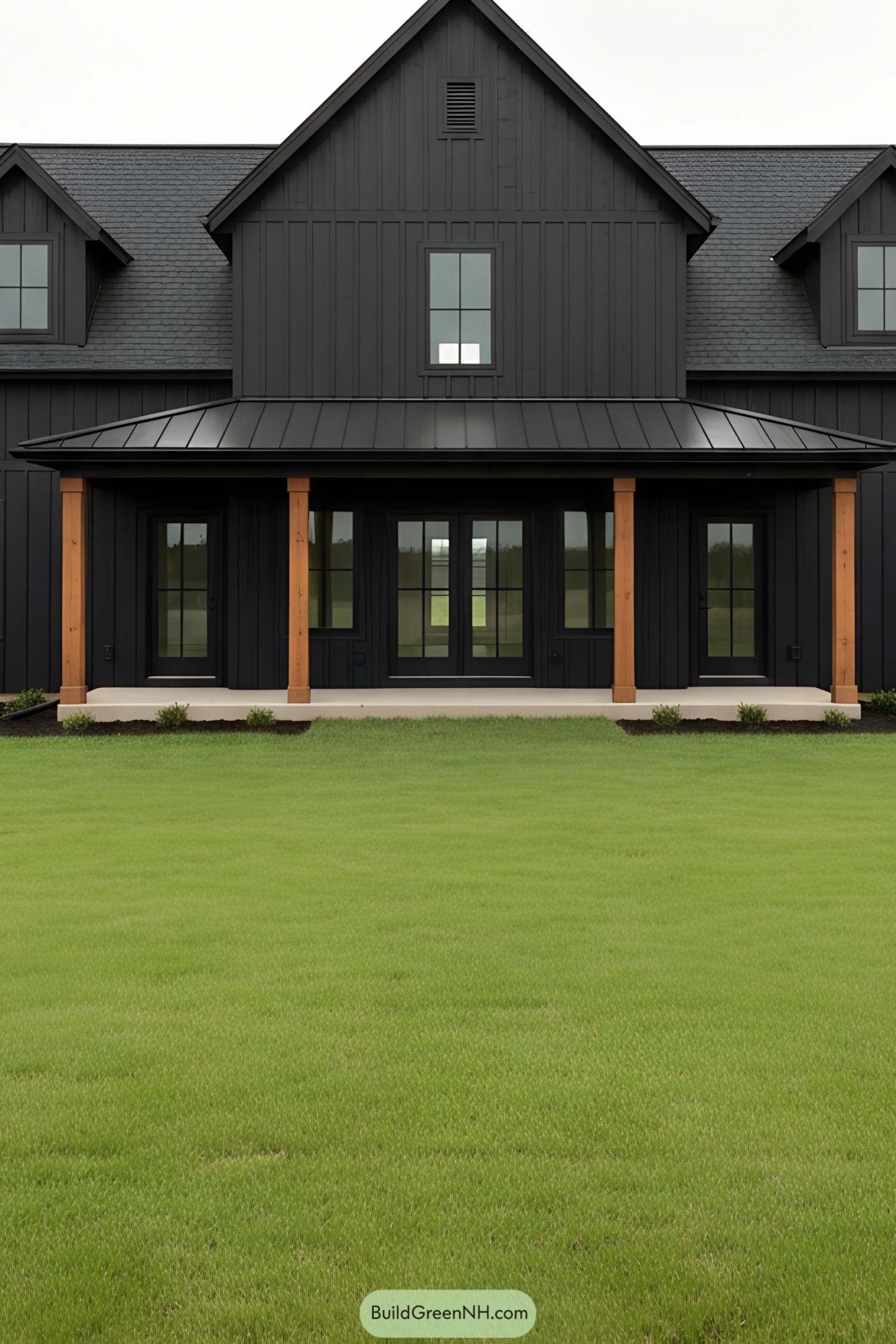 Black barn house with cedar posts and metal porch roof