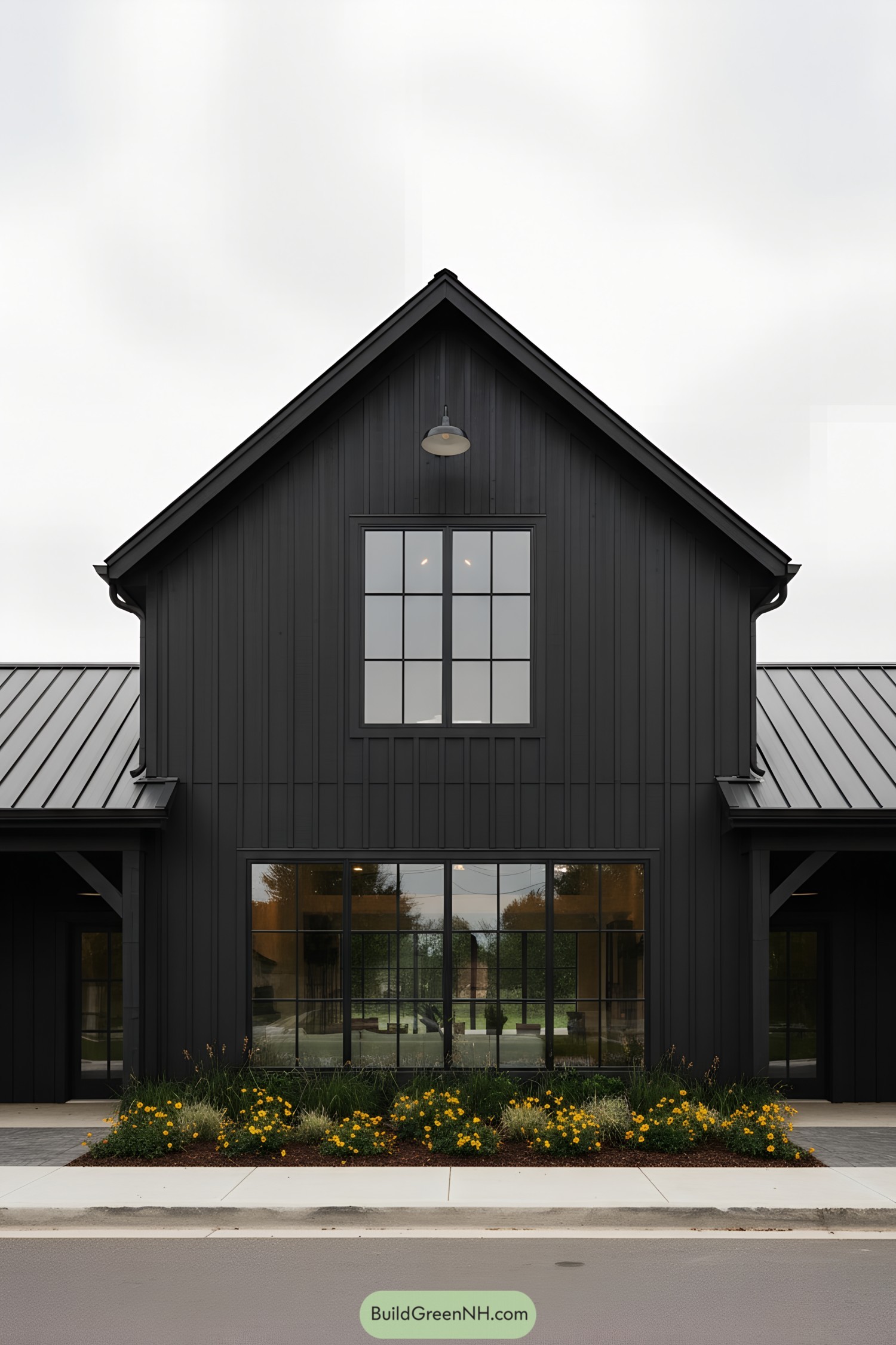 Black gabled barn house with tall grid windows and a low planter of yellow blooms along the facade
