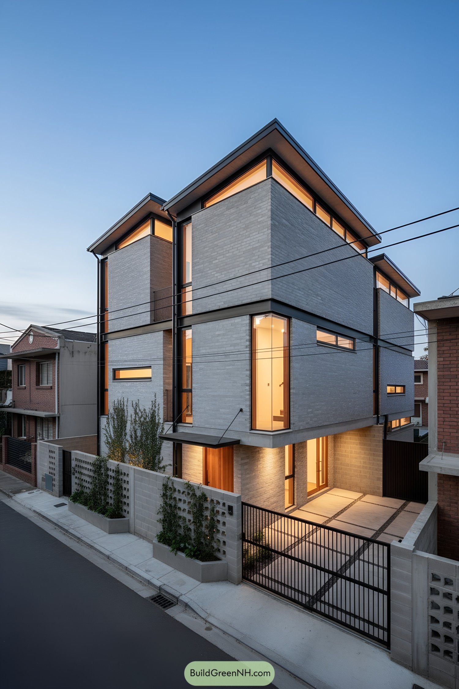 Three-story brick-and-concrete home with twin gables and ribbon windows