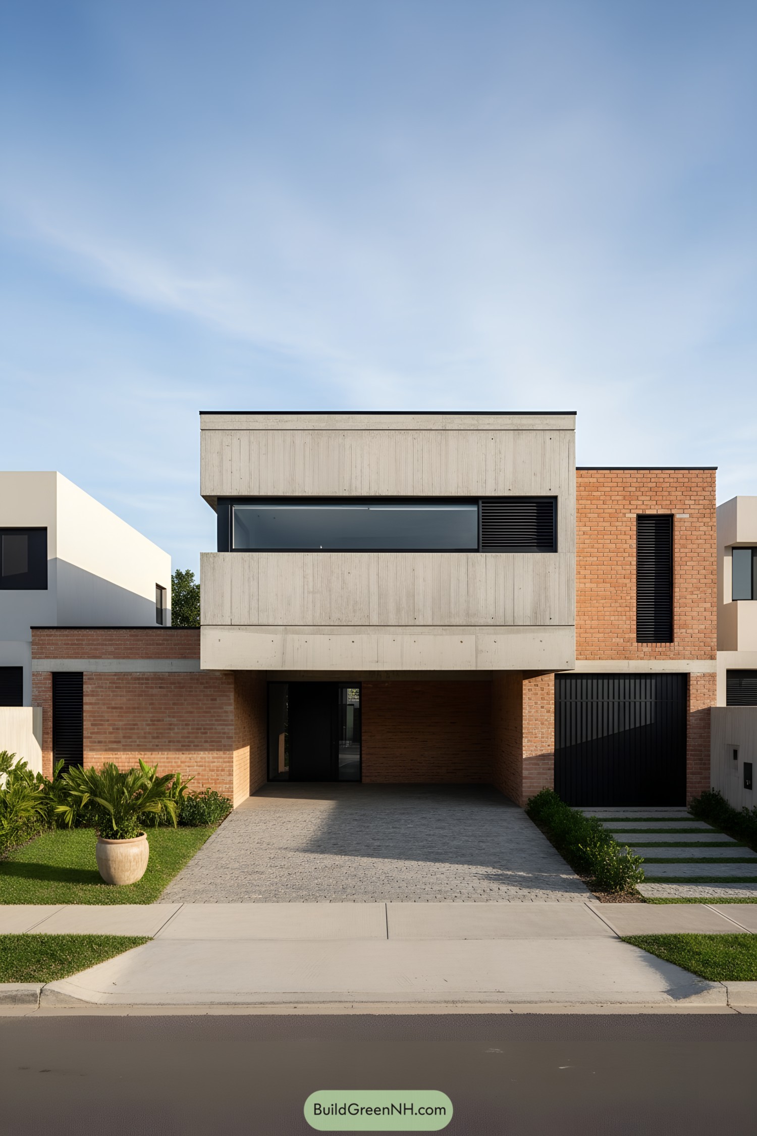Two-story house with cantilevered concrete volume and brick base
