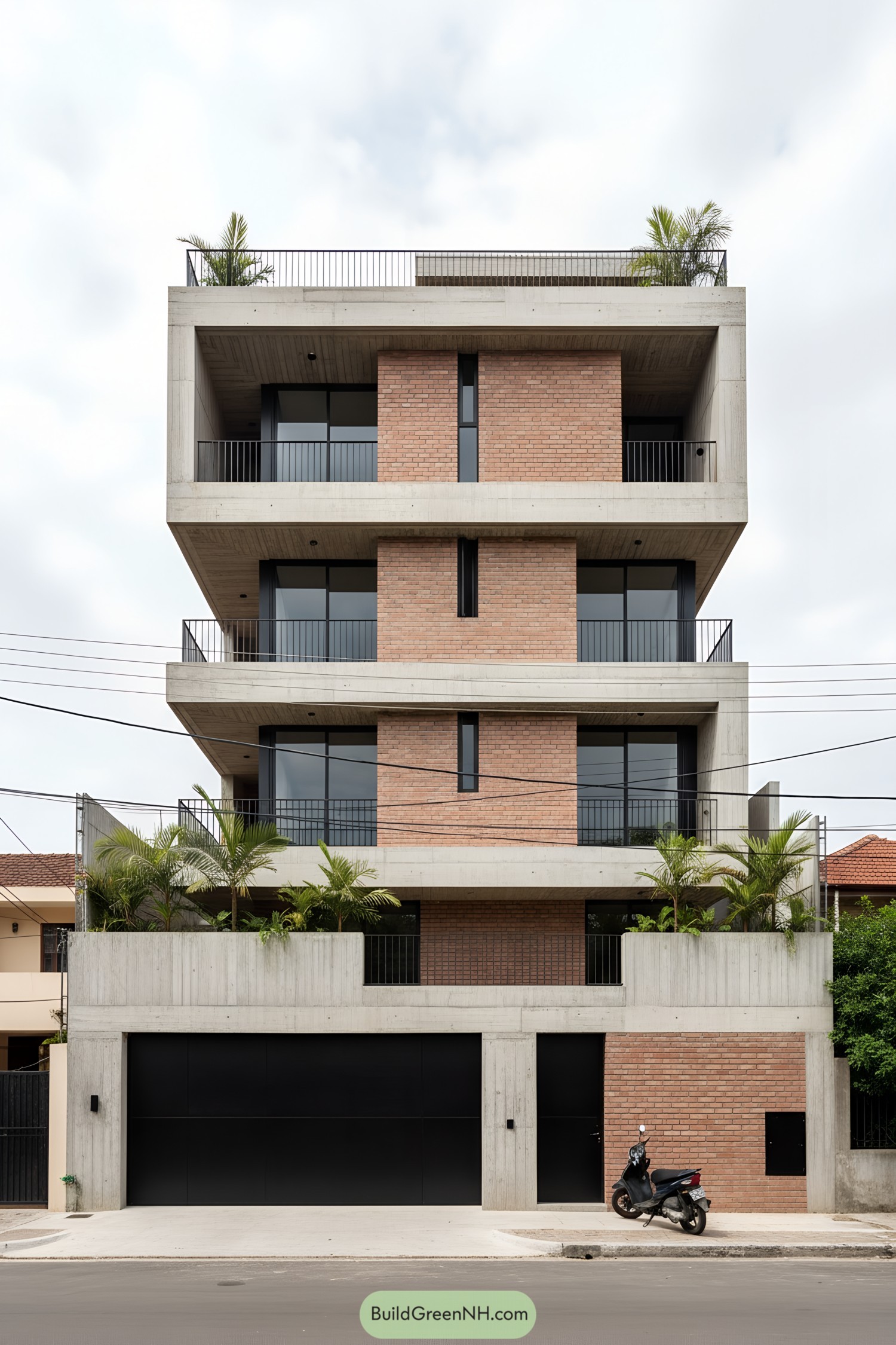 Concrete-framed brick residence with layered balconies