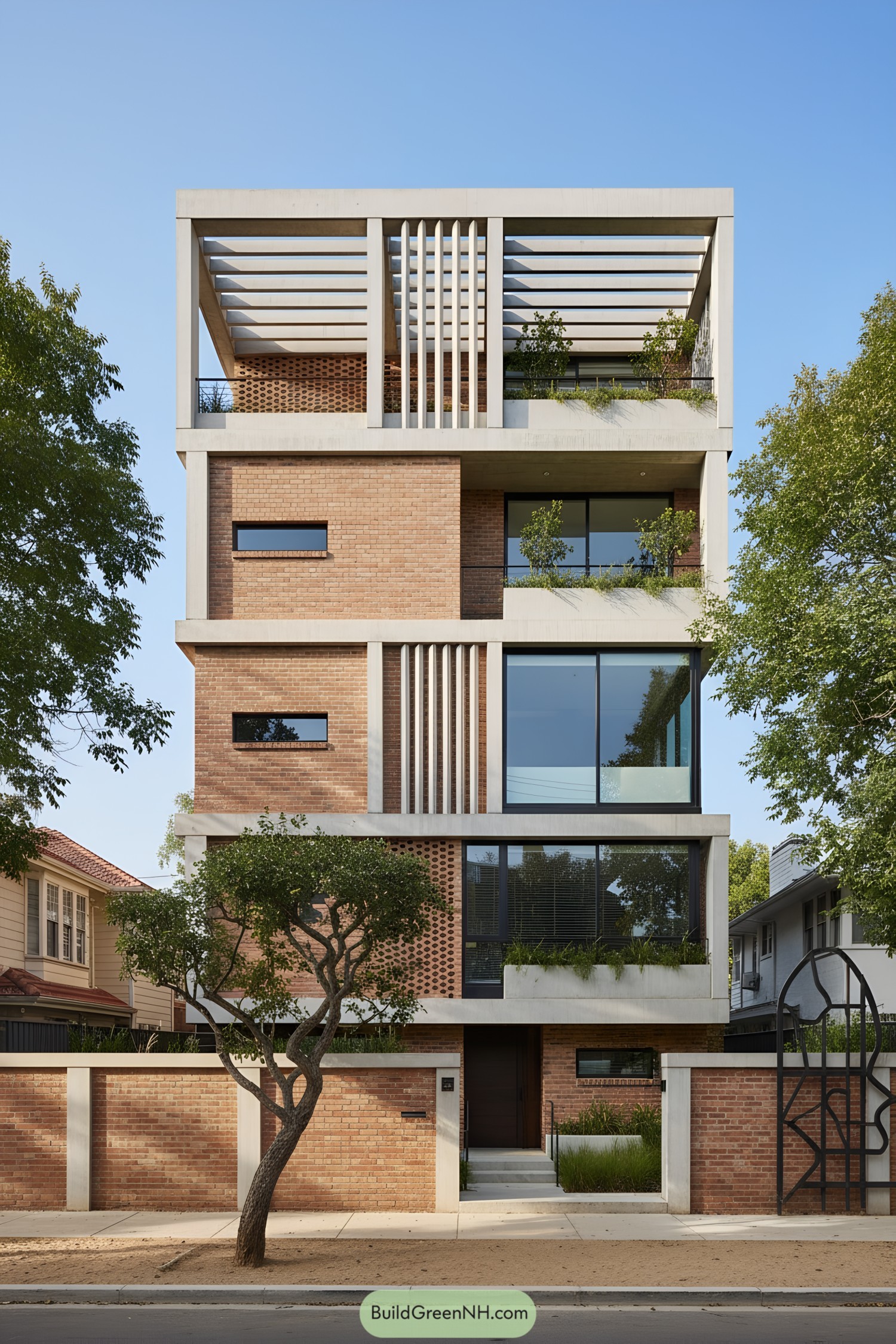 Four-story brick and concrete home with latticework, deep terraces, and slim vertical fins
