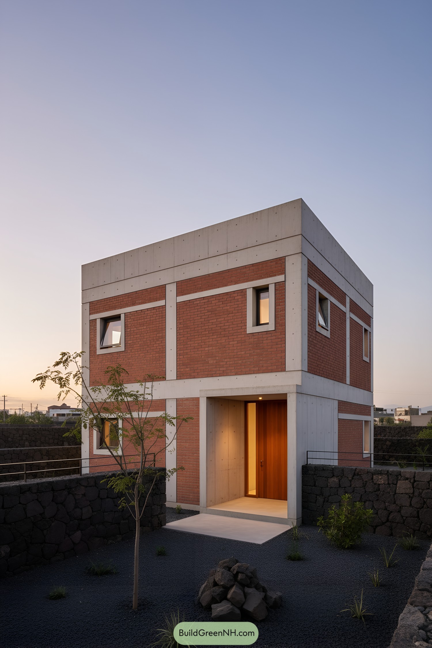 Two-story brick-and-concrete cube house at dusk
