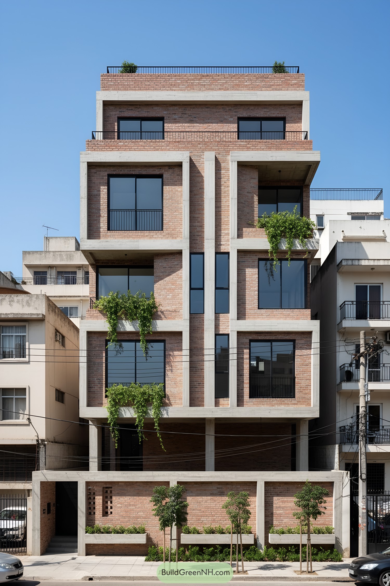 Layered brick-and-concrete facade with greenery