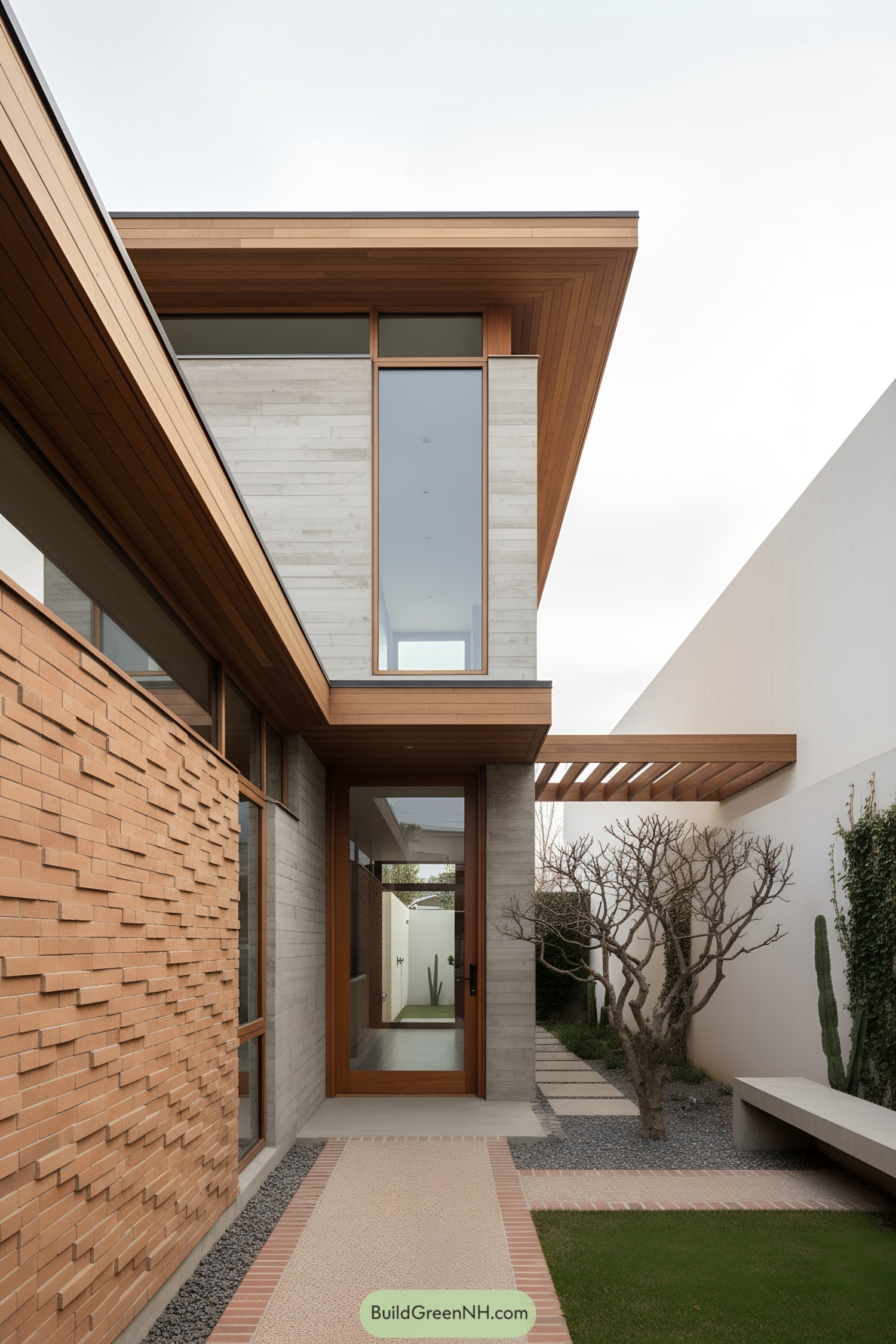 Courtyard house with tall glazing, brick relief, and timber eaves