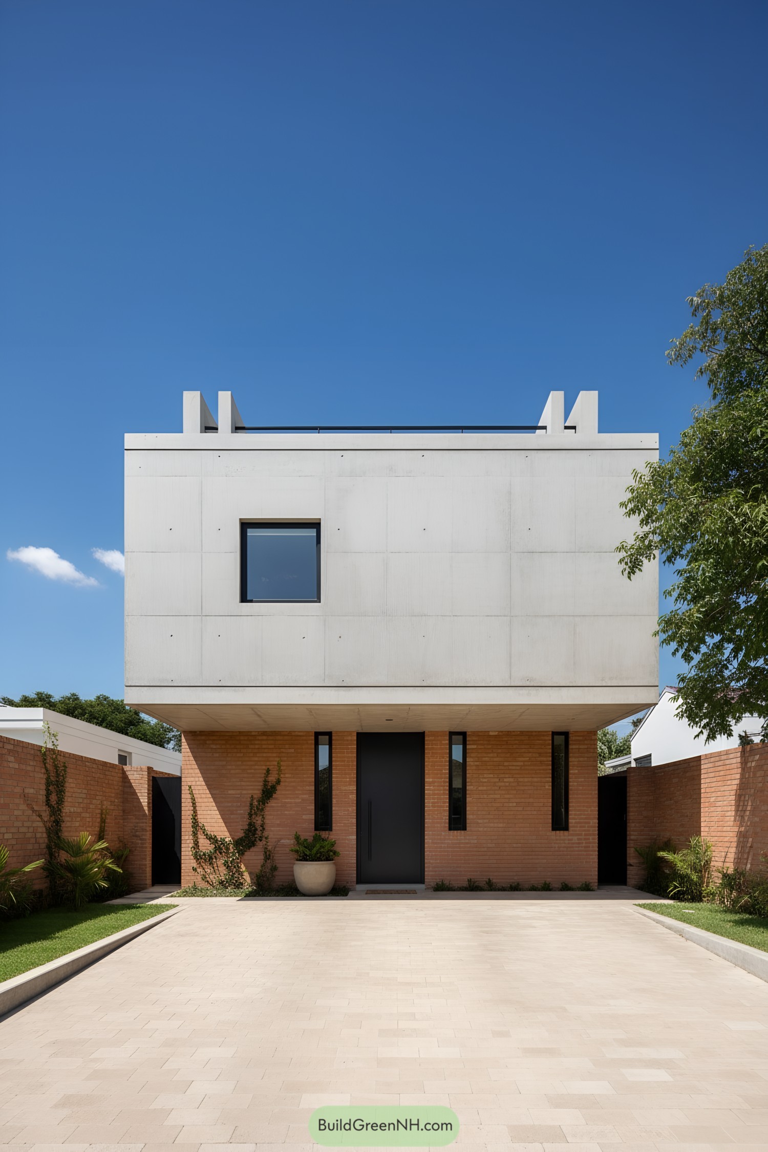 Two-story house with cantilevered concrete volume over a brick base