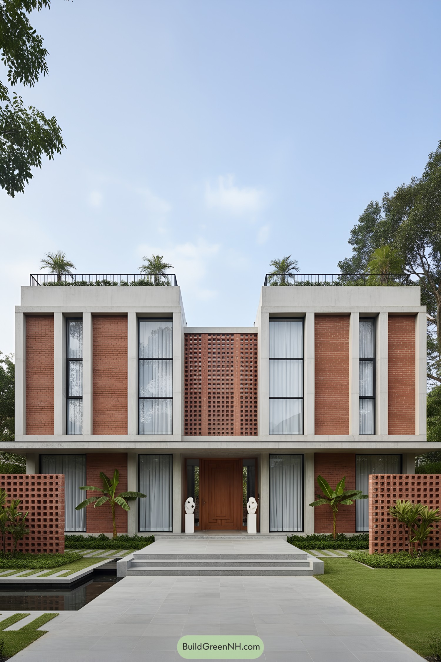Modern brick-and-concrete facade with breezeblocks