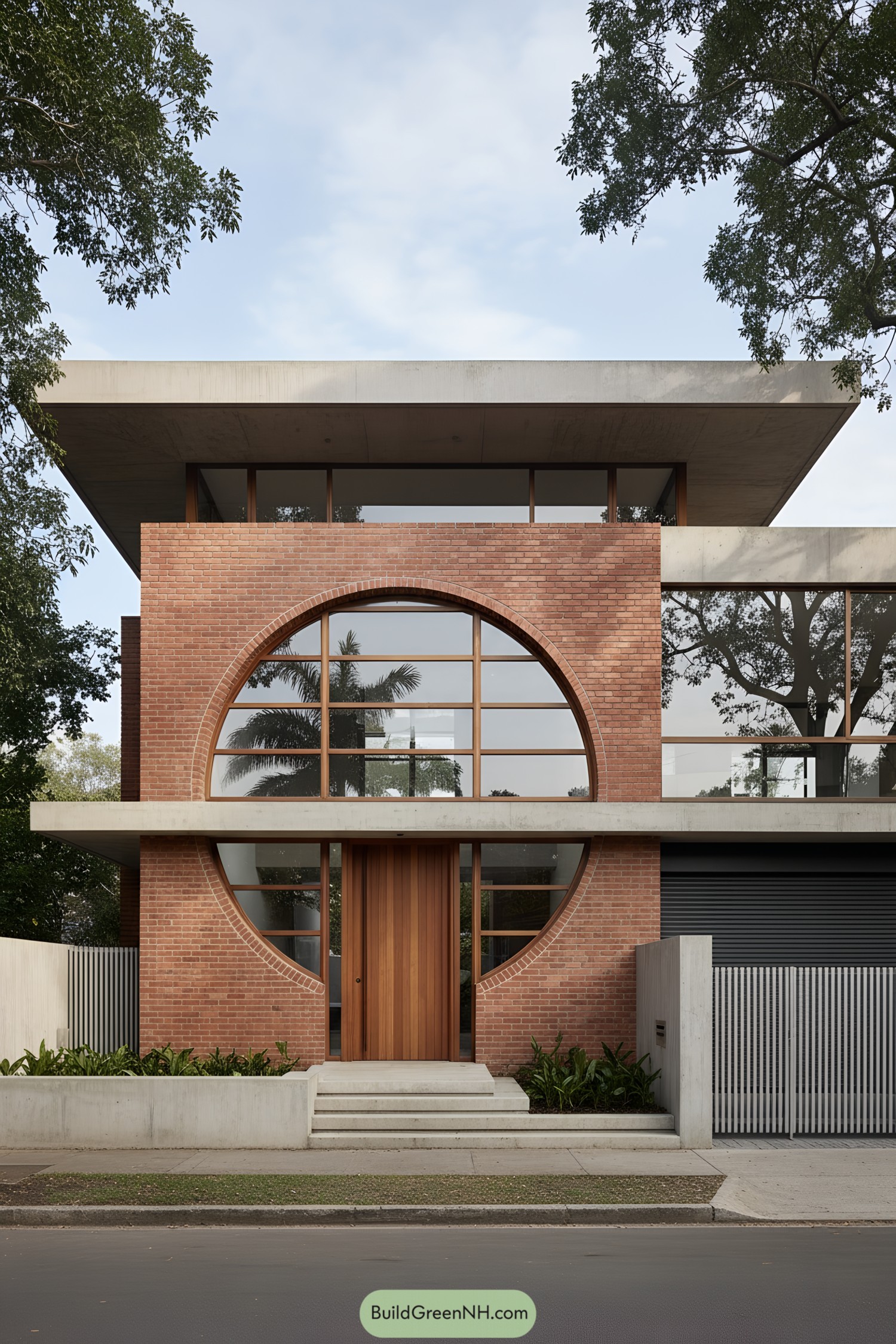 Front facade with circular brick window and cantilevered concrete roof