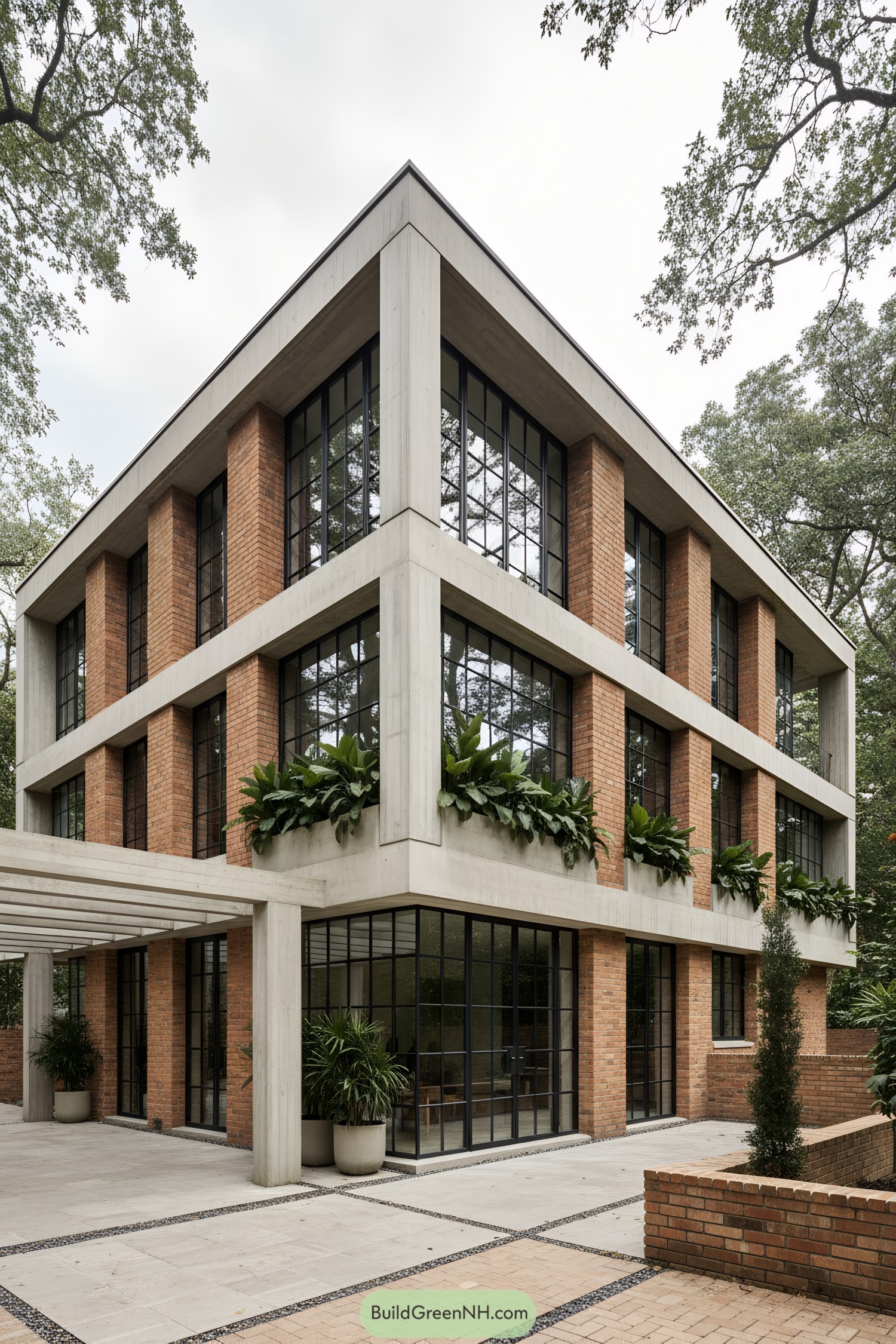 Concrete-framed brick house with large gridded windows and lush planter bands