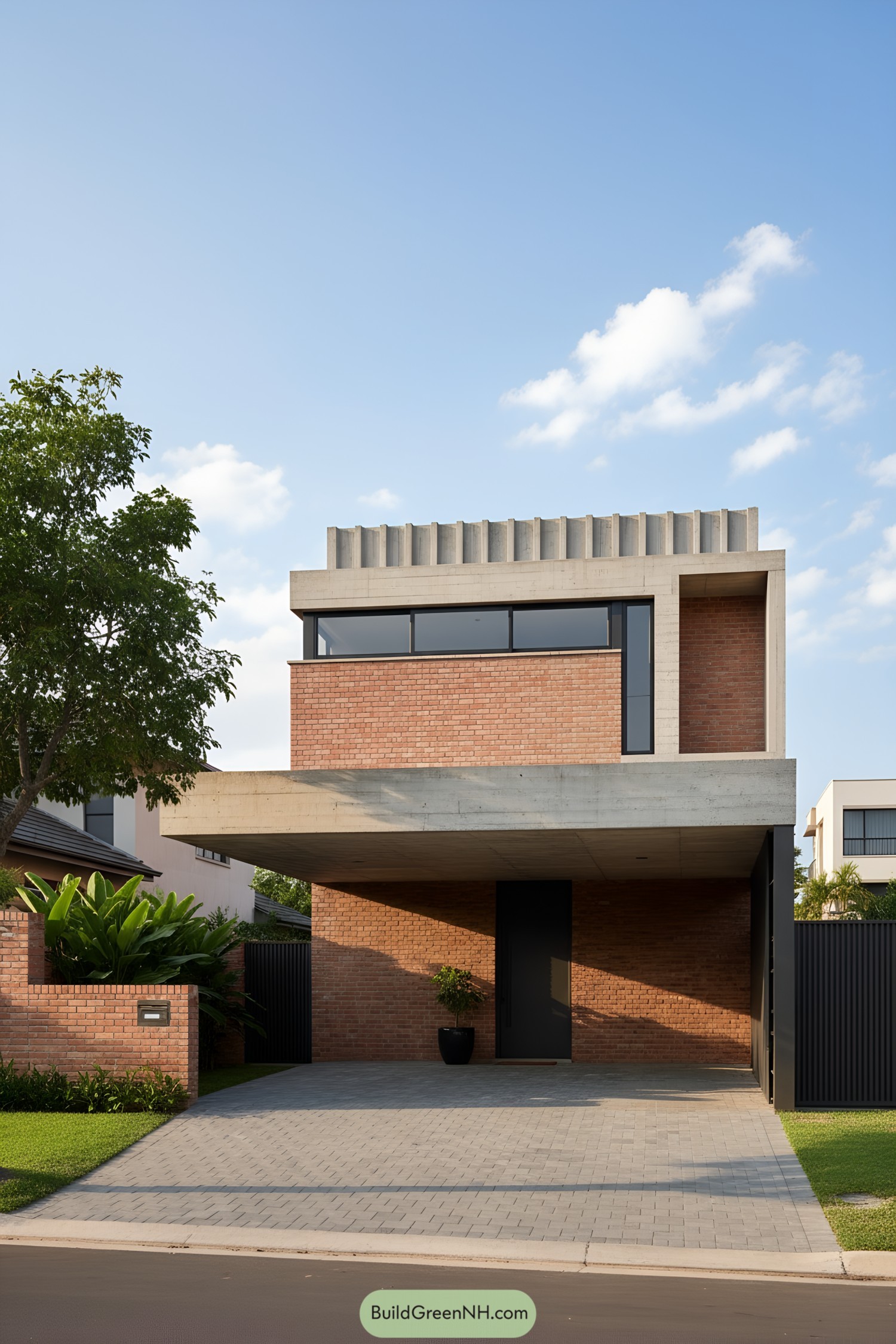 Two-story brick and concrete house with raked concrete parapet, deep carport, and slim ribbon windows