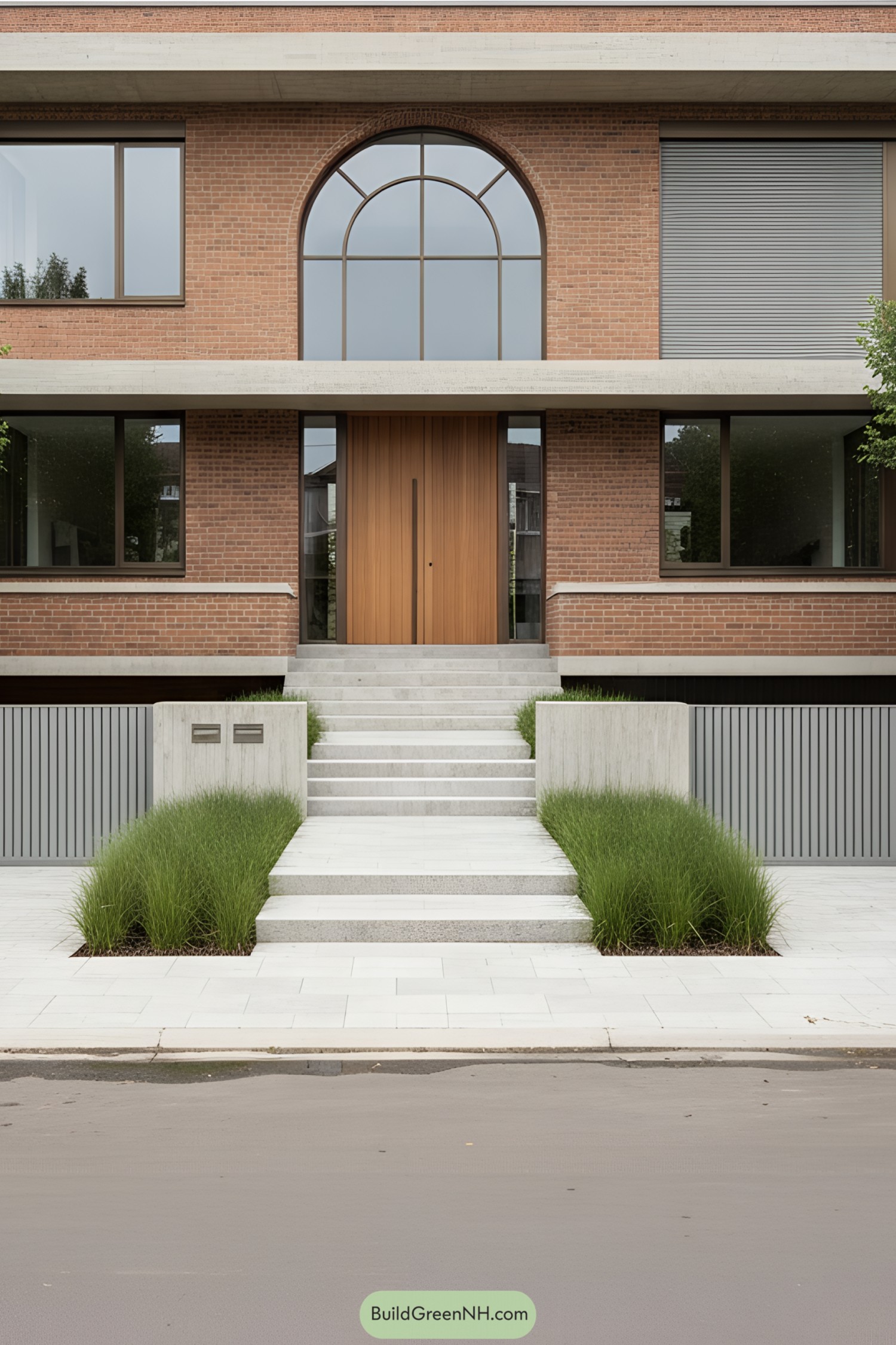 Brick facade with arched window and concrete bands