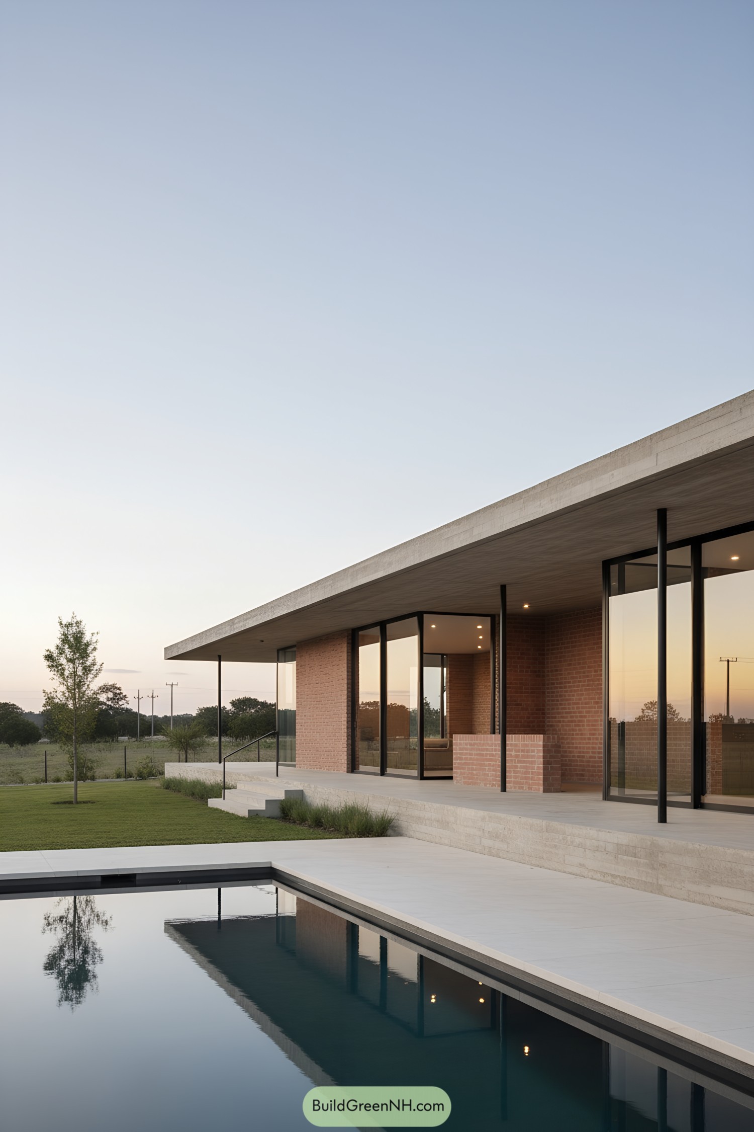Low-slung brick home with deep concrete roof and pool terrace