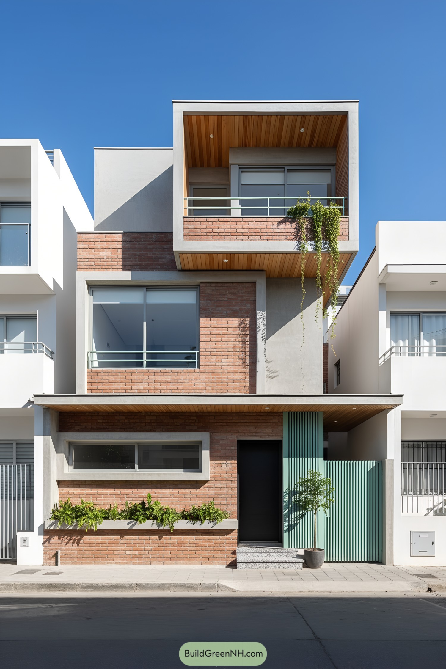 Three-story brick-and-concrete home with cantilevered cubes, wide windows, and a mint-green slatted entry