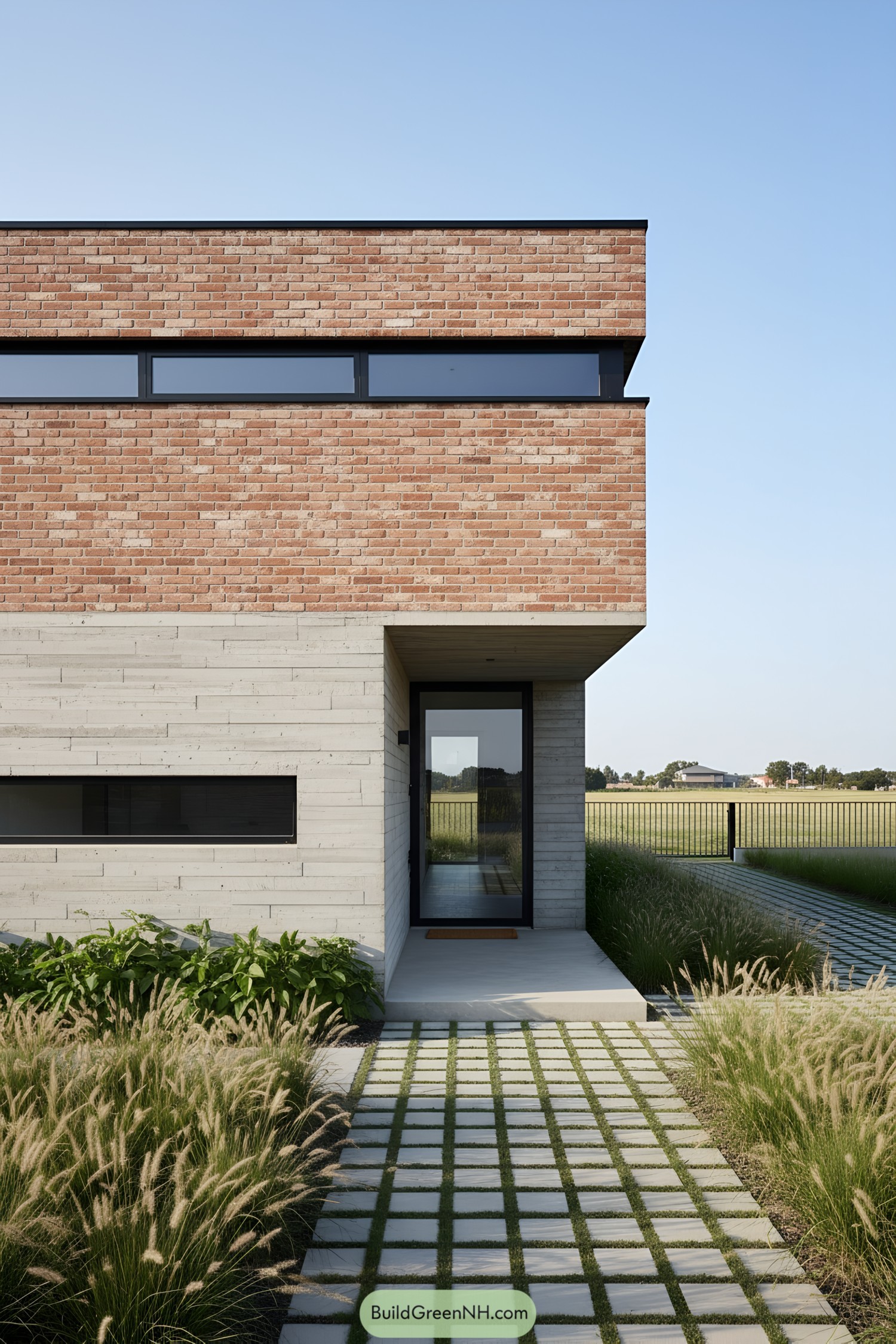 Modern brick-and-concrete facade with slim windows