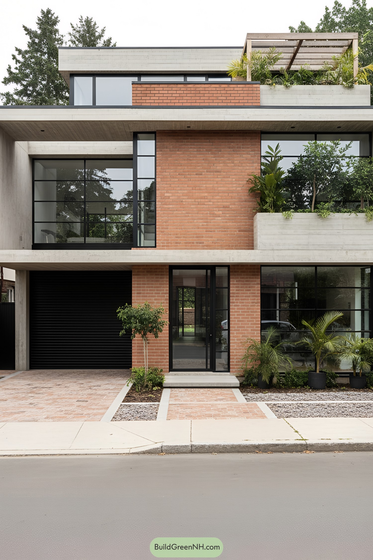 Modern brick-and-concrete home with tiered planters