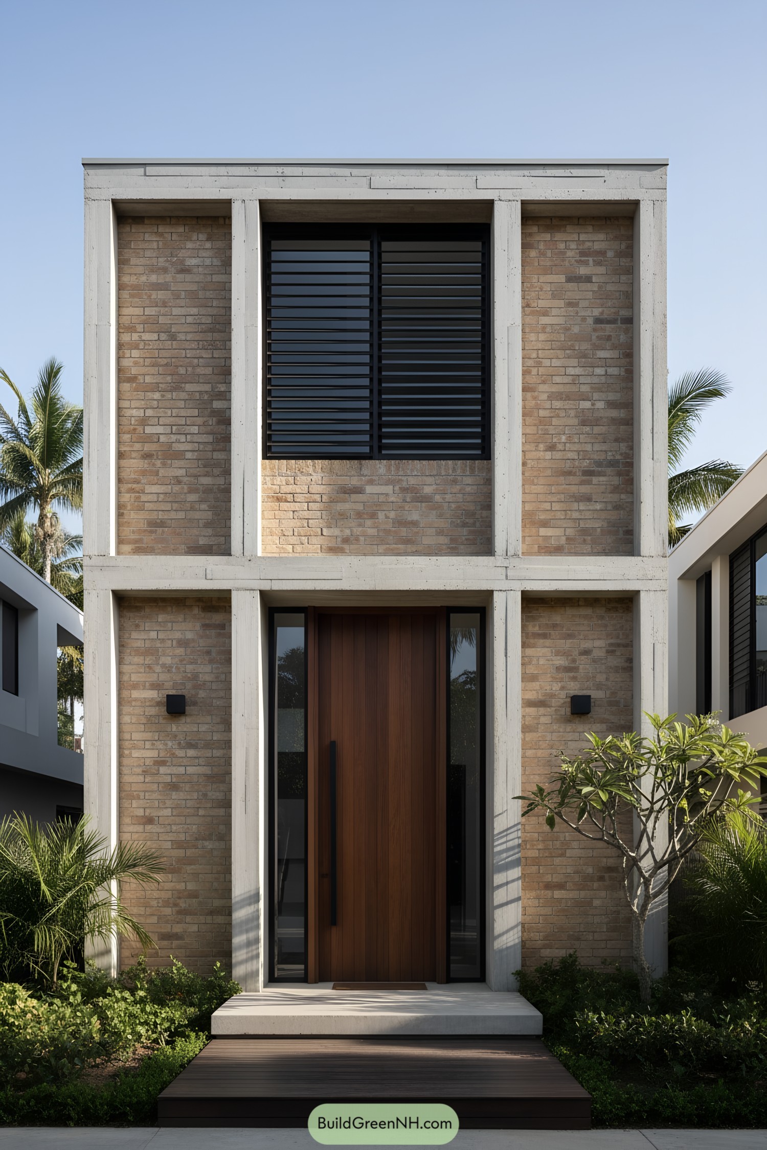 Two-story brick facade with concrete frame and dark wood door