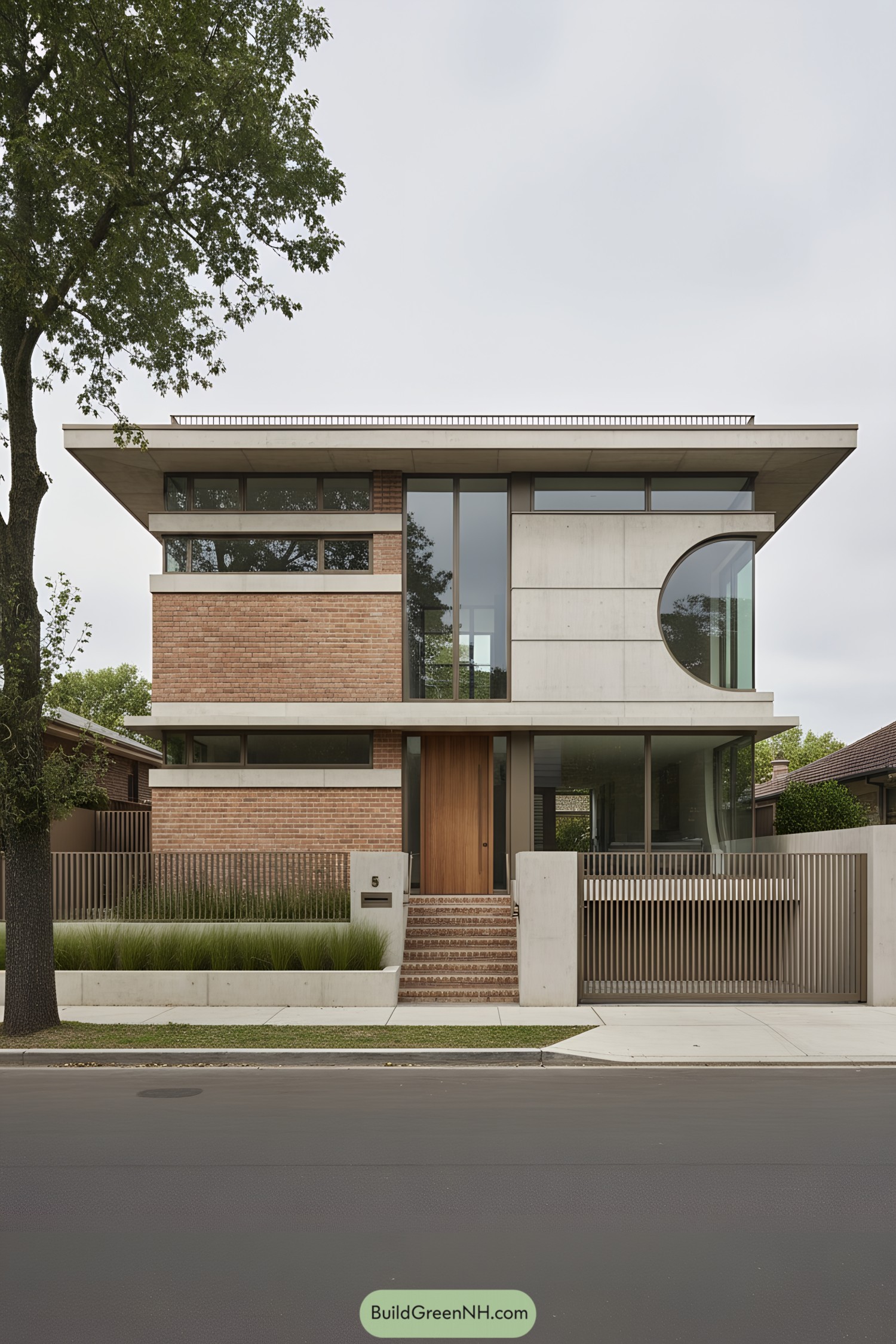 Two-story brick-and-concrete home with a semicircular glass bay and deep roof overhangs, fronted by a slatted gate and planted verge