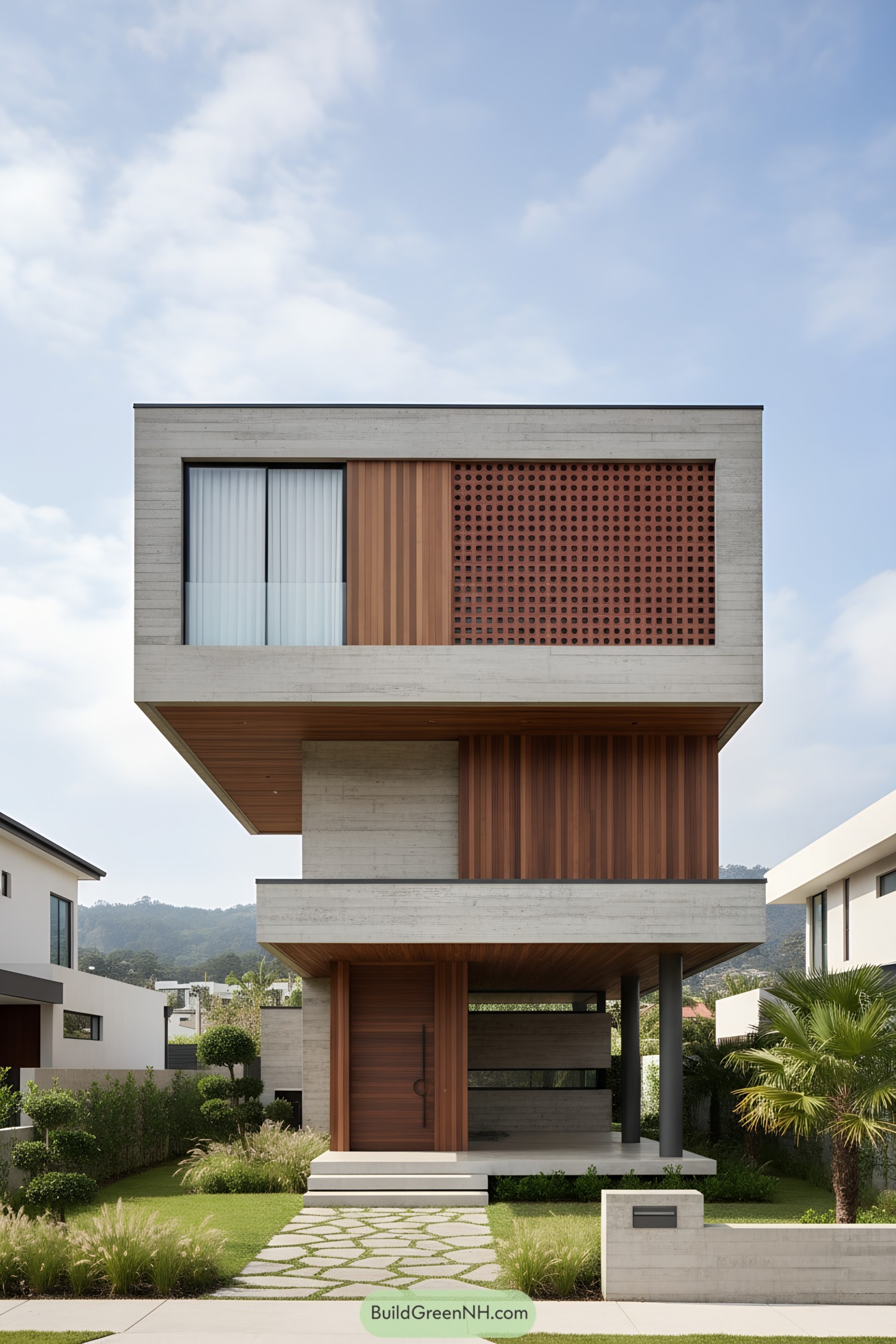 Two-story concrete home with wood cladding and perforated brick screen