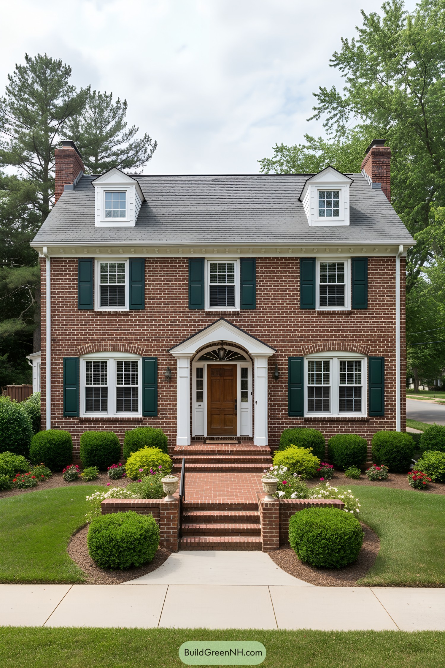 Red-brick colonial with dormers, arched entry, green shutters, and manicured front steps and garden