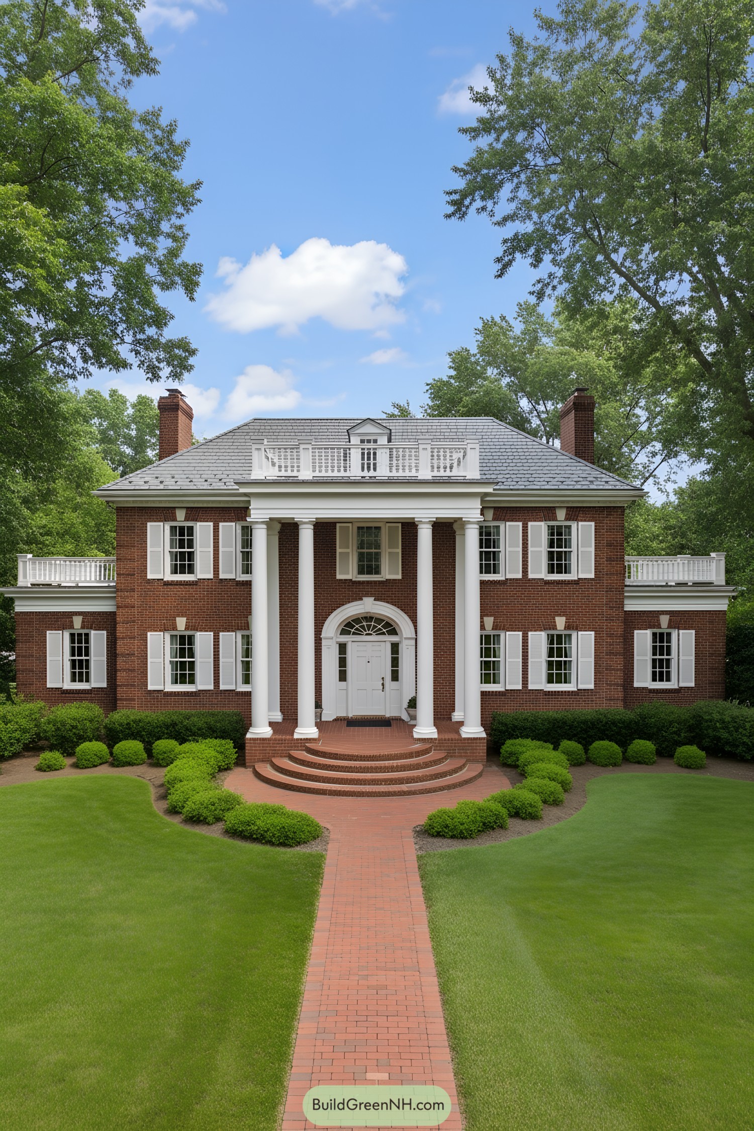 Red-brick colonial with grand white portico and balustraded roof deck