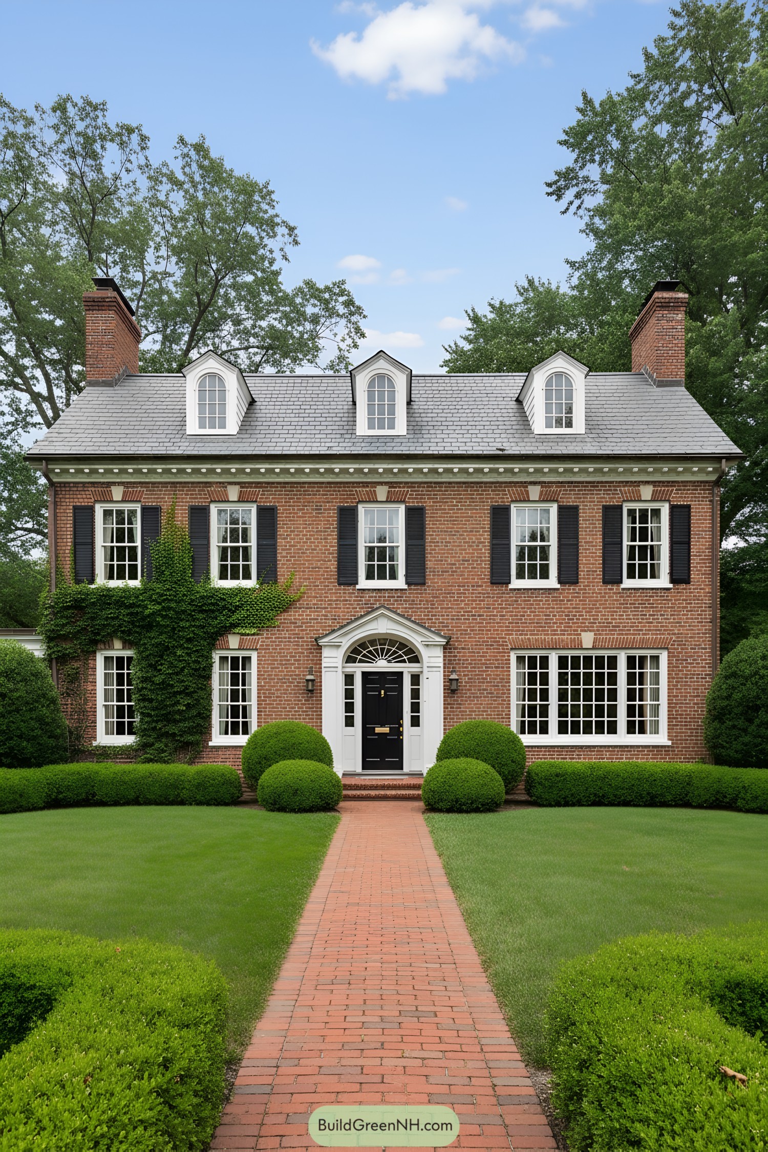 Classic red-brick colonial with dormers and black shutters
