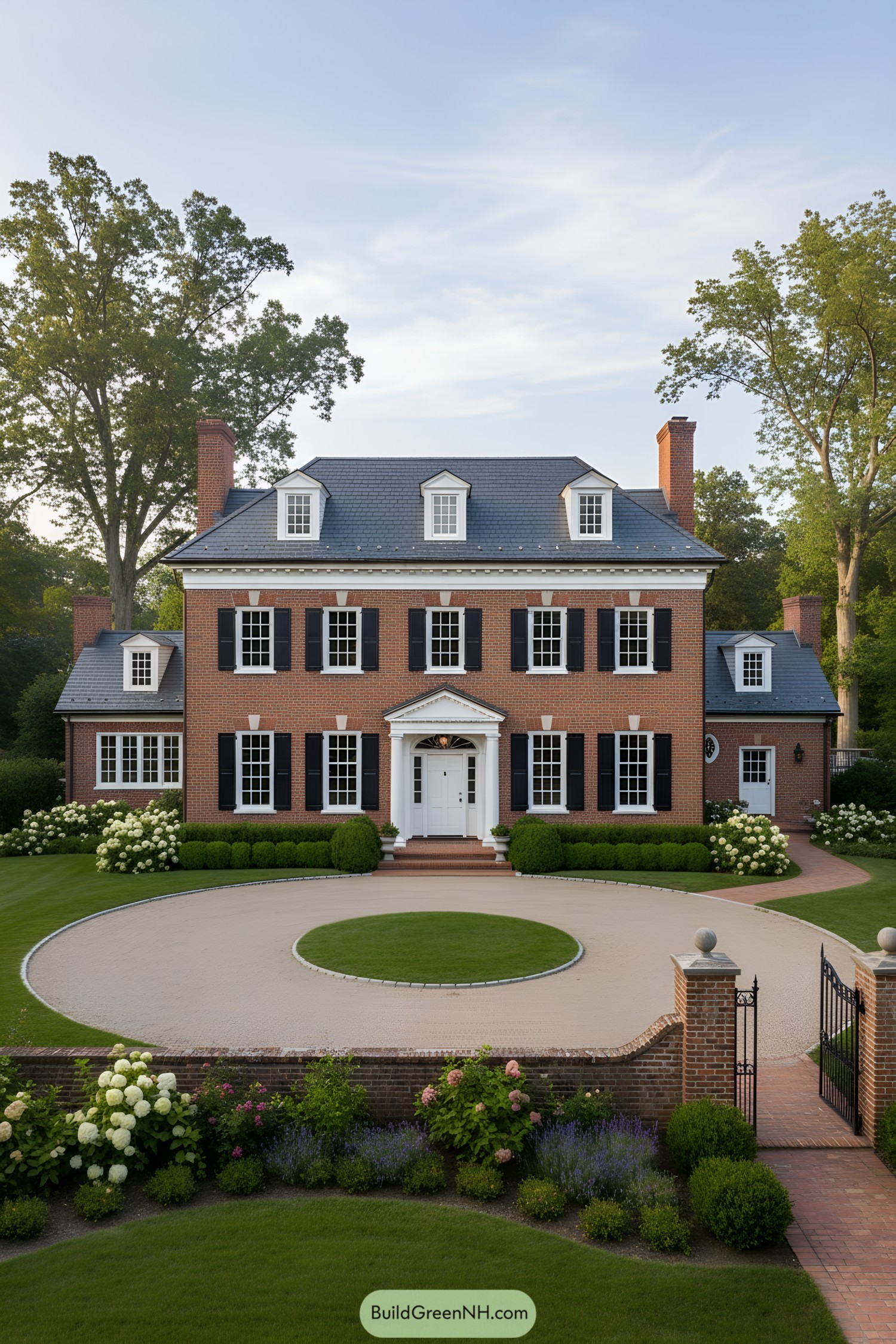 Classic brick Colonial with slate mansard roof, black shutters, and formal circular drive