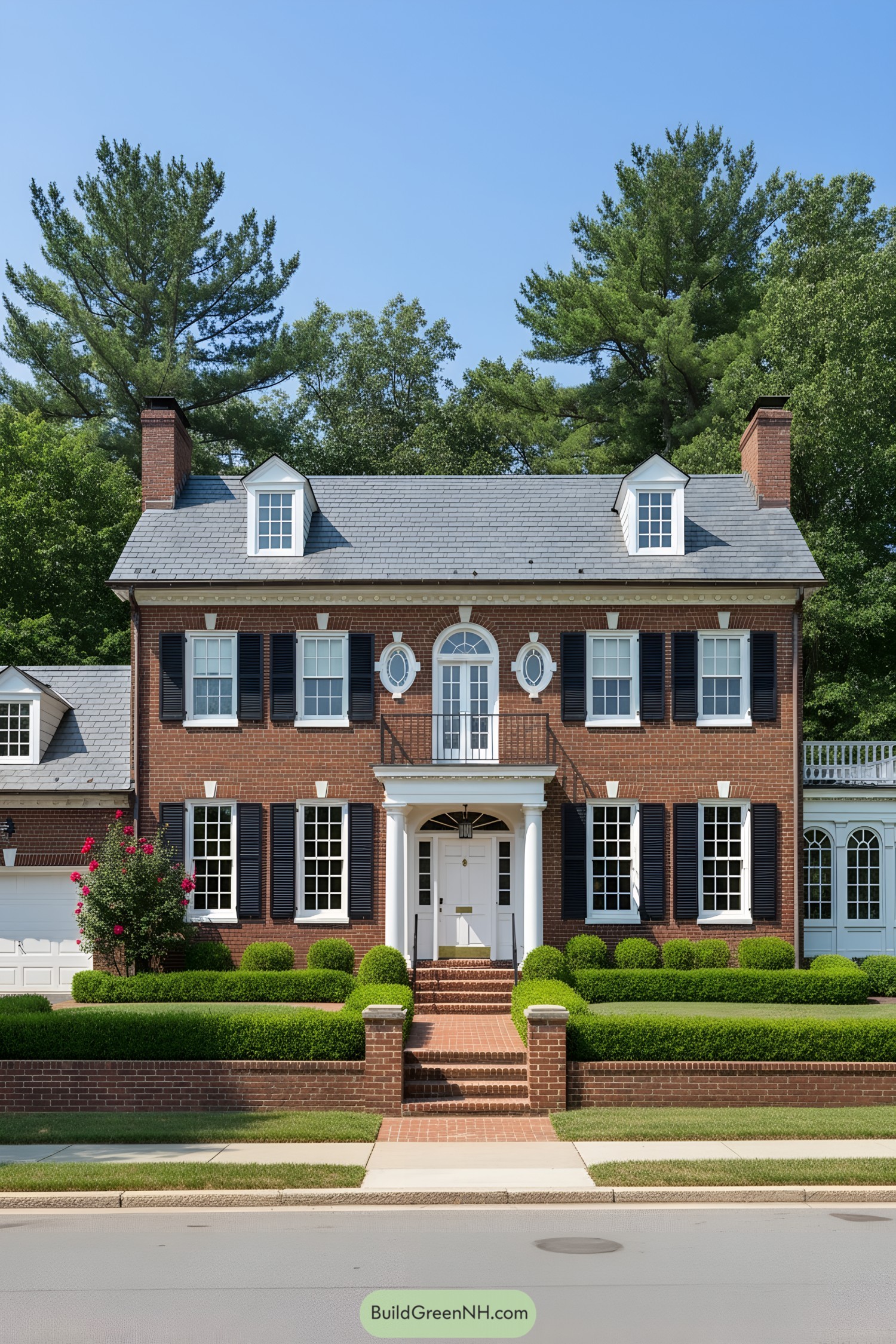 Red-brick colonial with oval windows, black shutters, and columned entry framed by manicured hedges
