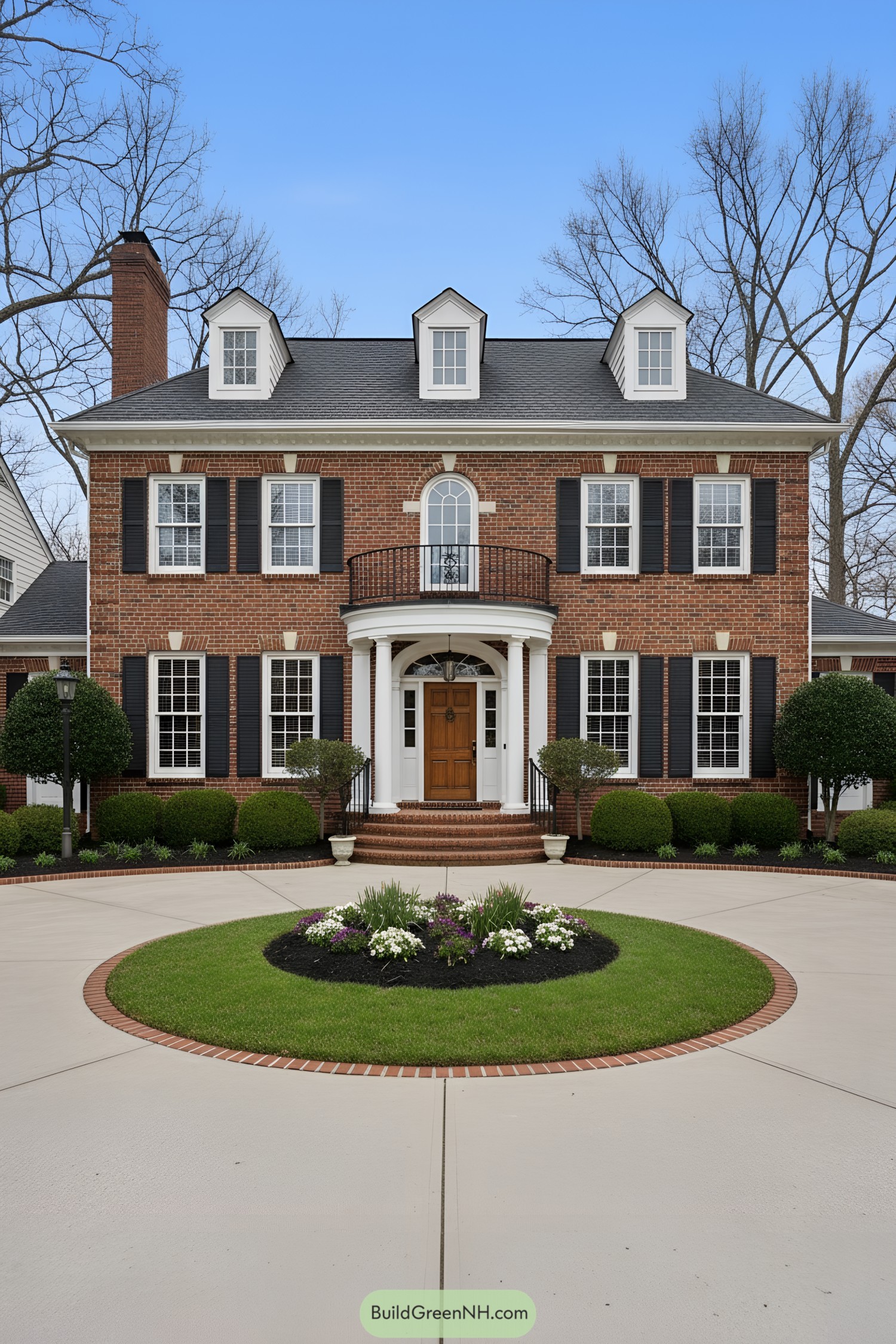 Brick colonial with arched balcony and dormers