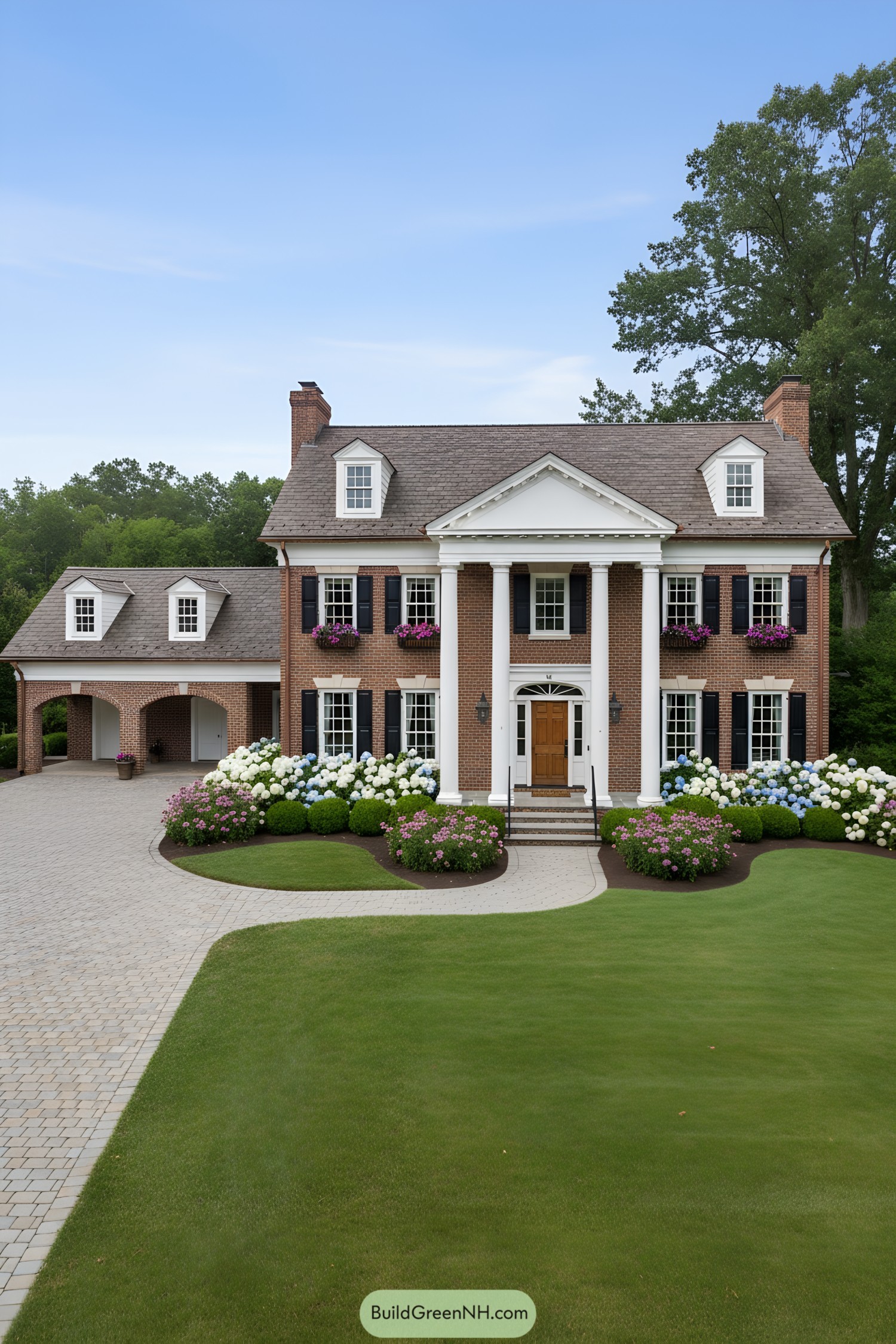 Brick colonial with tall portico and dormers