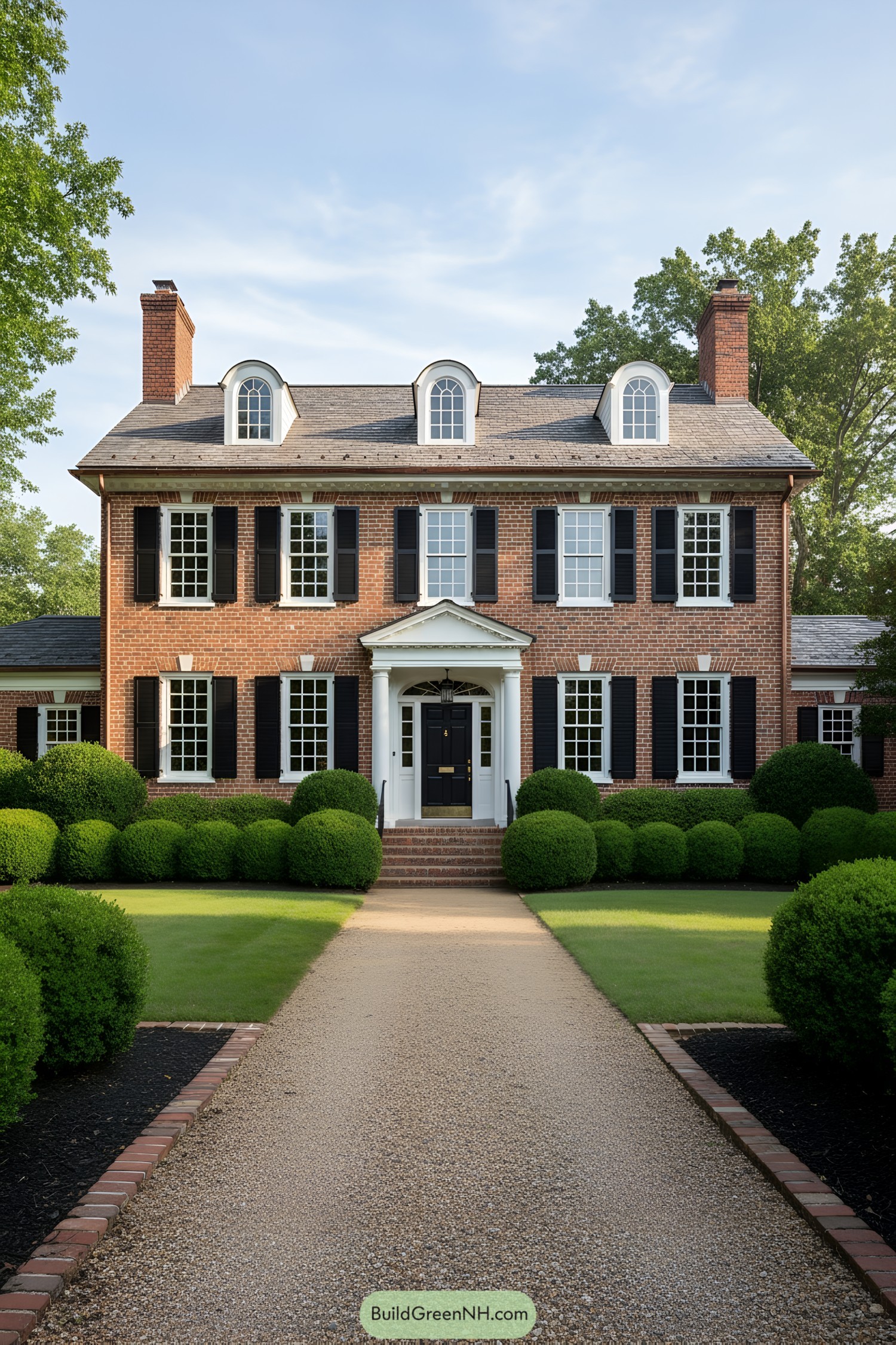 Red brick colonial with black shutters, dormers, and a columned entry portico