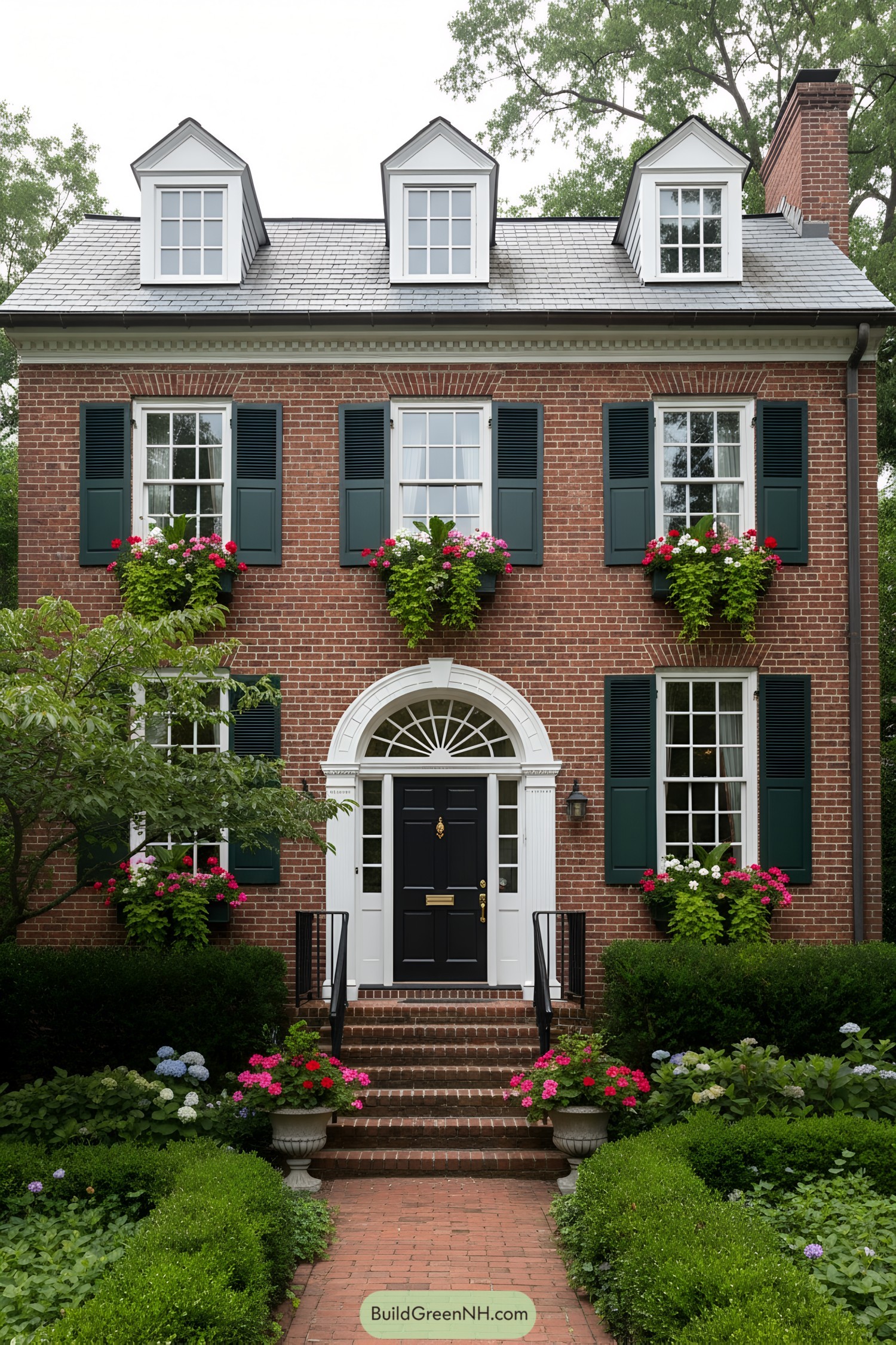 Red brick colonial with dormers, black shutters, and arched entry