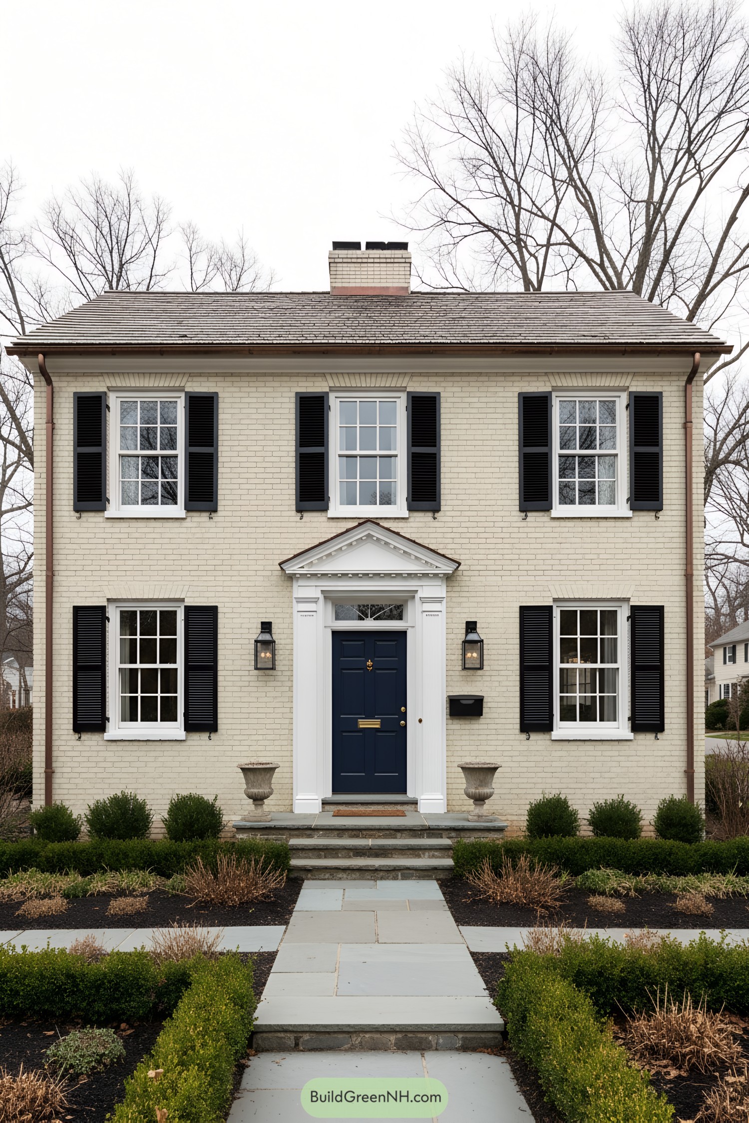 Two-story cream brick colonial with black shutters, navy door, and pedimented entry flanked by lanterns