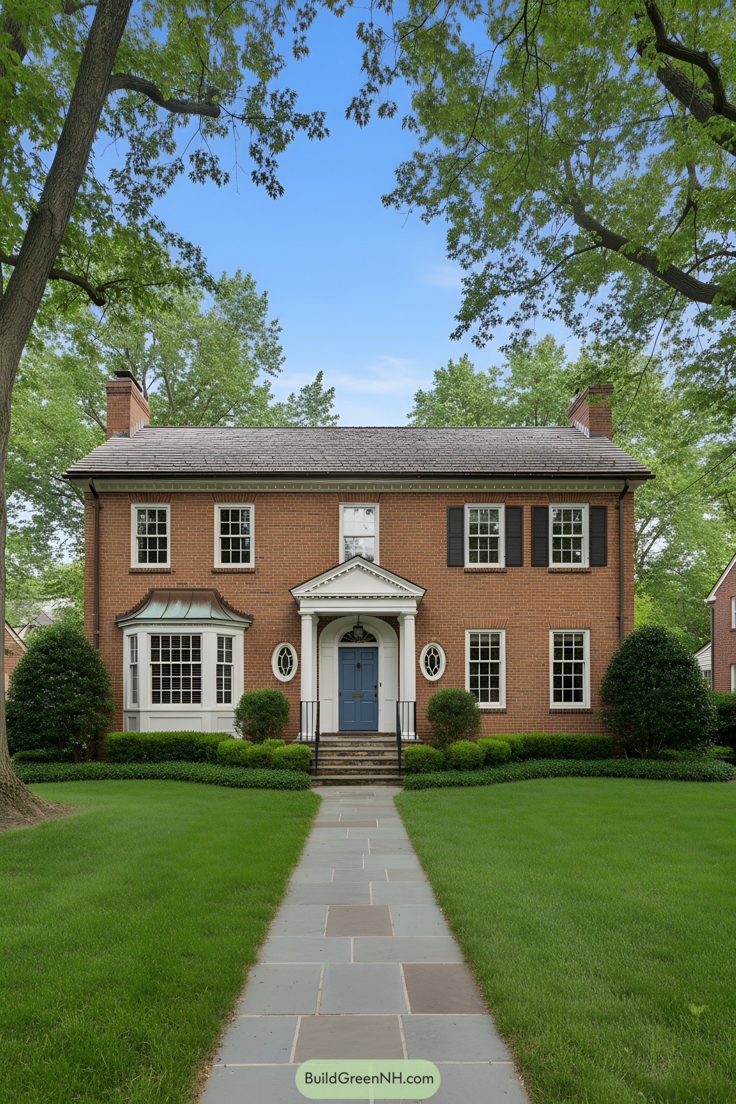 Brick colonial with centered portico and blue door