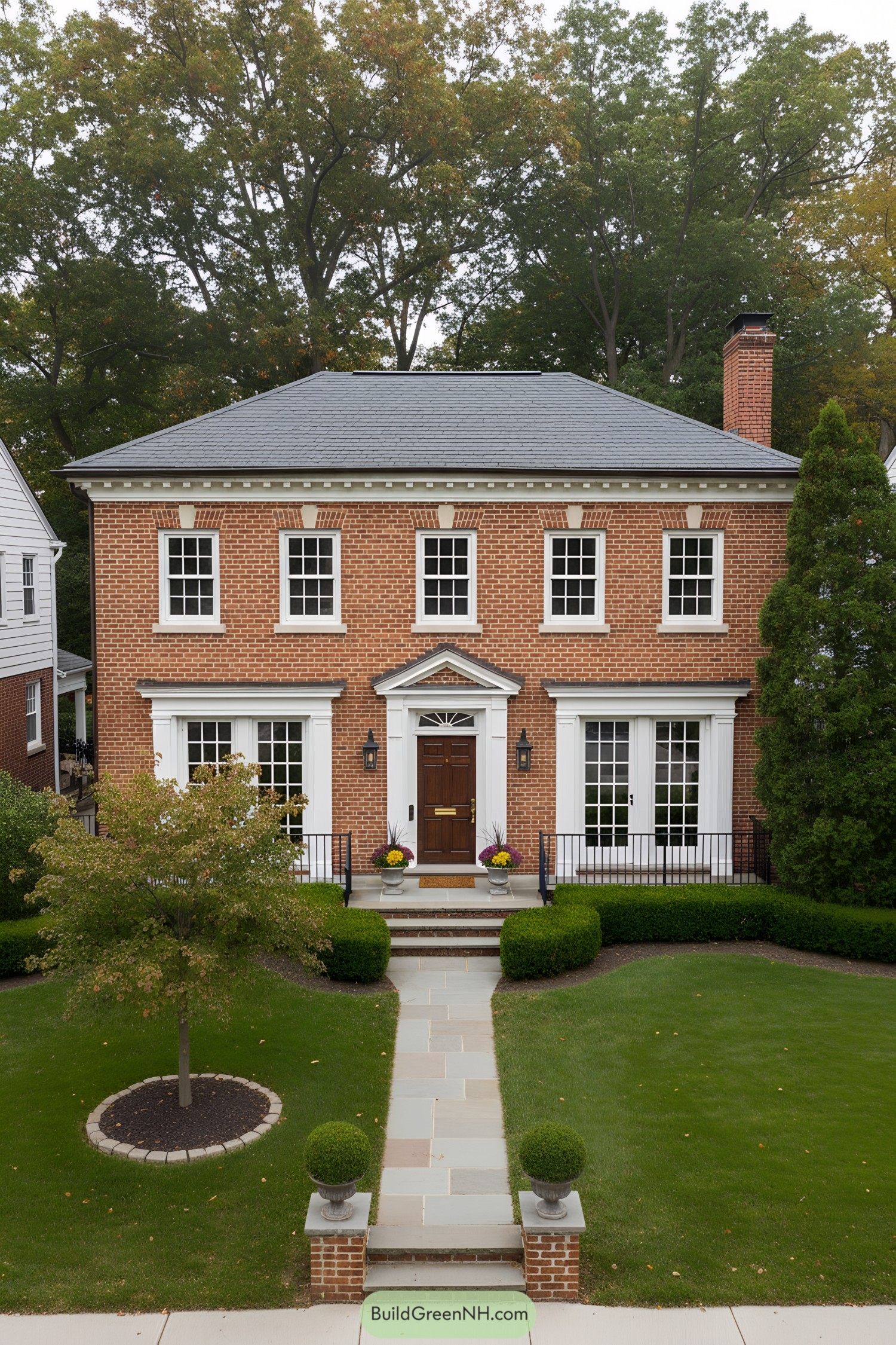 Two-story red-brick colonial with central portico and symmetrical windows