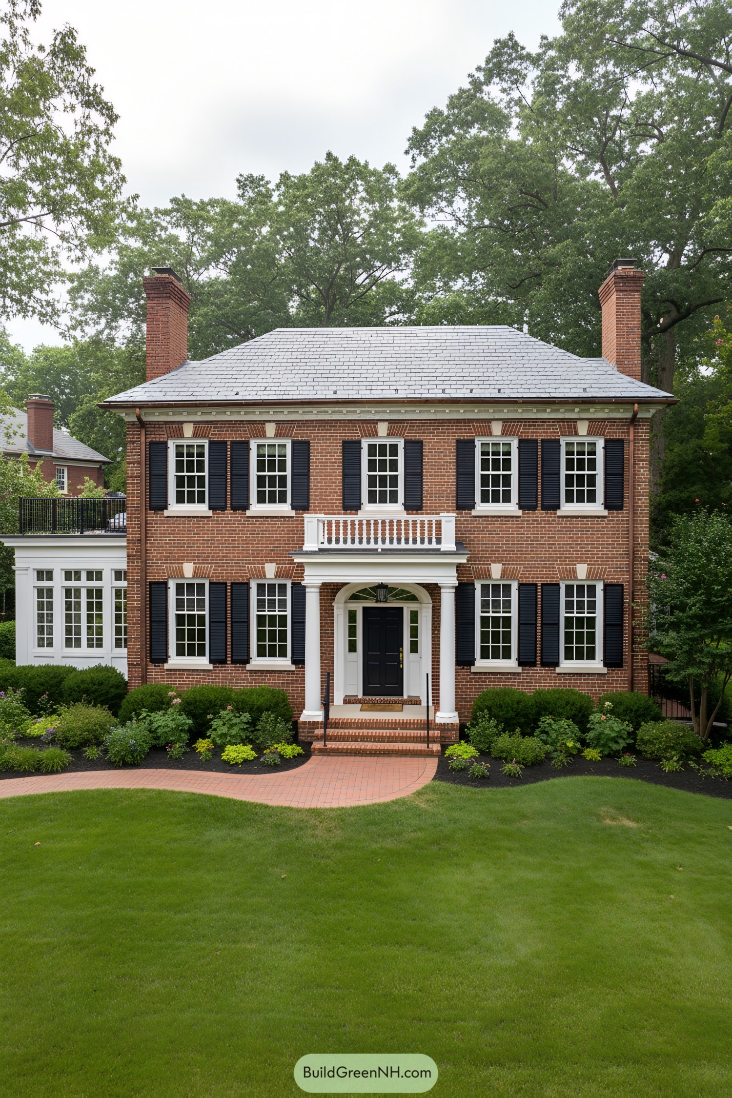 Two-story red-brick colonial with black shutters